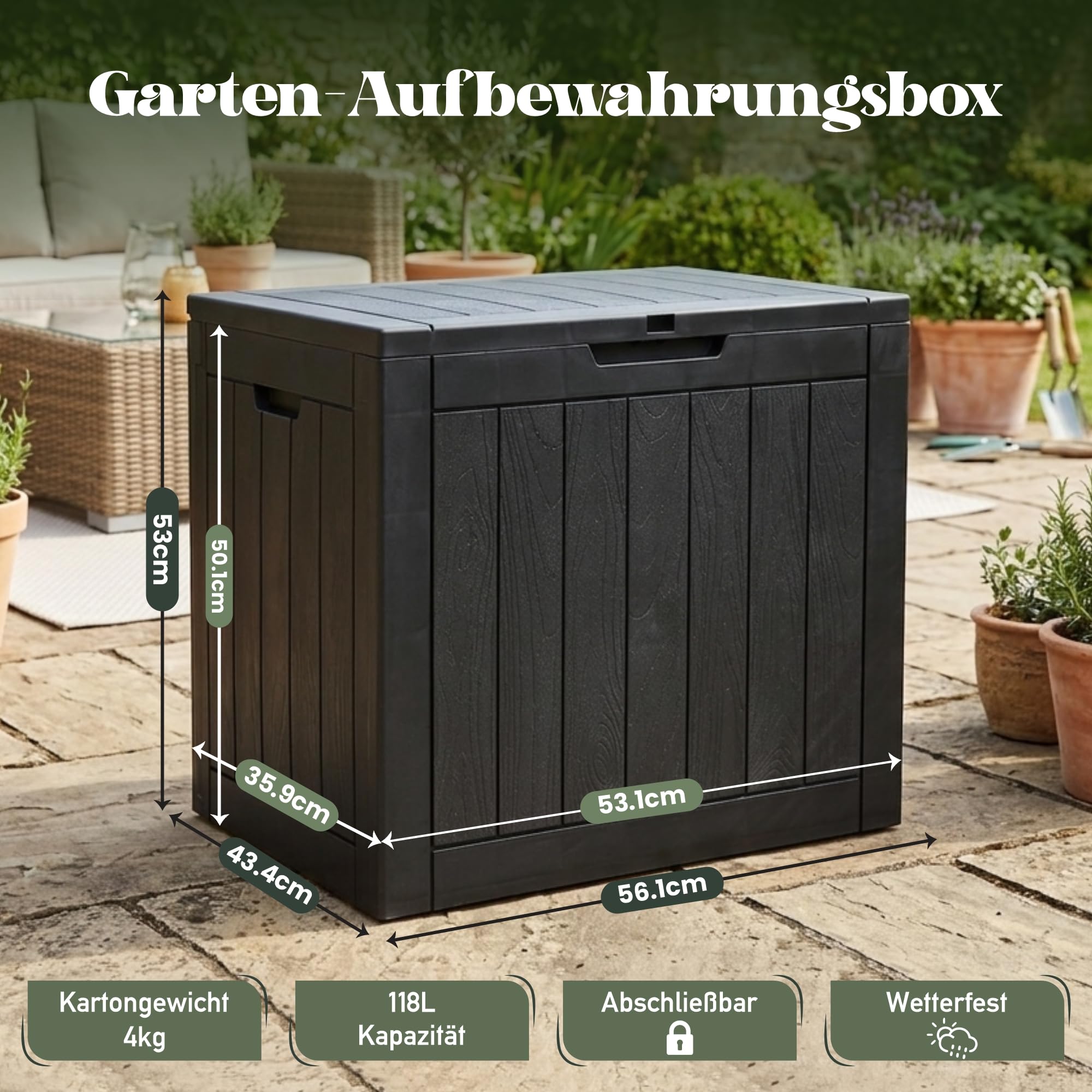 Olsen & Smith 118L Recycelte Abschließbare Aufbewahrungsbox mit Scharnierdeckel – Wetterfeste Kompakte Gartenbox & Hocker – Wasserdicht Kissenbox für Balkon, Terrasse & Eingang – Grau Holzoptik