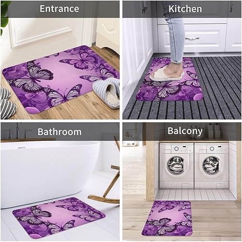 Miniatura 7 de Alfombra de baño con estampado de mariposas moradas, alfombra de baño de microfibra absorbente, alfombra de franela con parte trasera de goma,