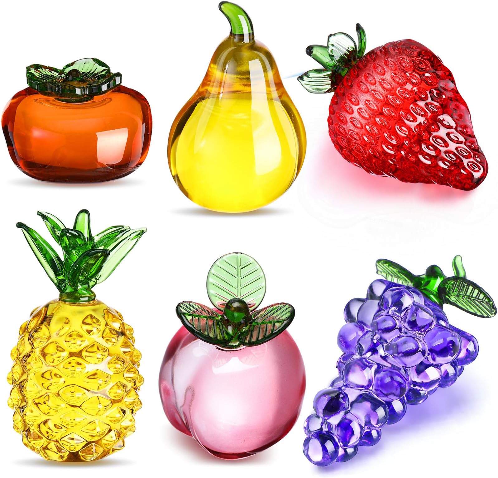Reallnaive 6 Pcs Crystal Glass Fruit Decor Pineapple Grape Persimmon Strawberry Pear Peach Figurine Collectibles Hand Blown Glass Fruit Decoration for Home Decor Gift for Wedding Birthday Wedding