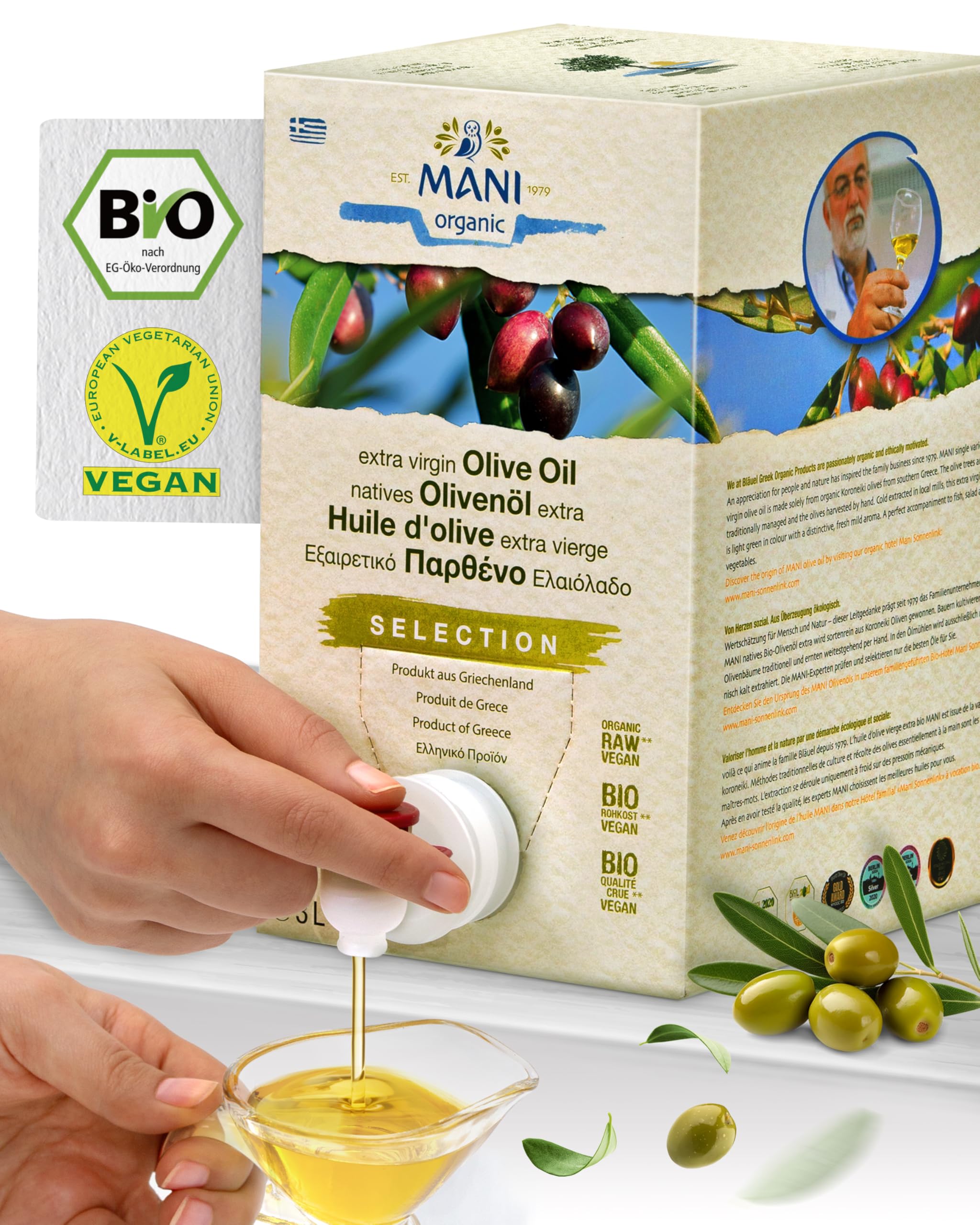 MANI Bio Olivenöl Nativ Extra 3L – Premium Griechisches Olivenöl kaltextrahiert aus Koroneiki Oliven, naturbelassen – Extra Virgin Olive Oil aus Griechenland mild-fruchtig – vegan & nachhaltig