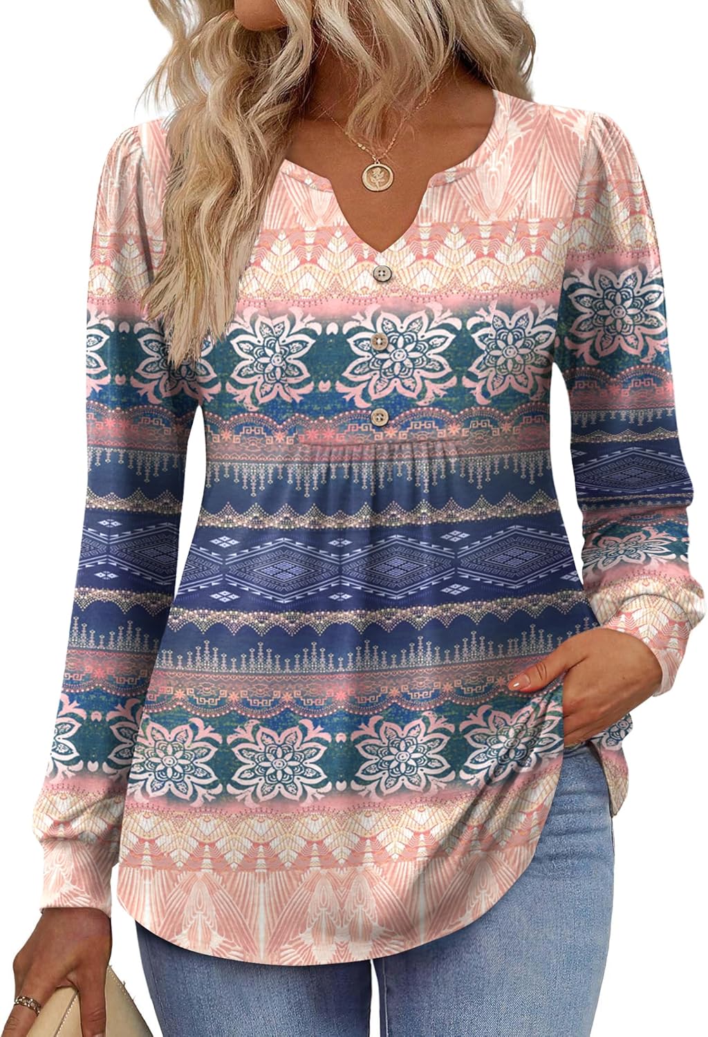 Zeagoo Long Sleeve Shirts for Women 2025 Casual Pleated V Neck Fall Tunic Tops Button Down Blouse Dressy Loose T-Shirts - Image 2