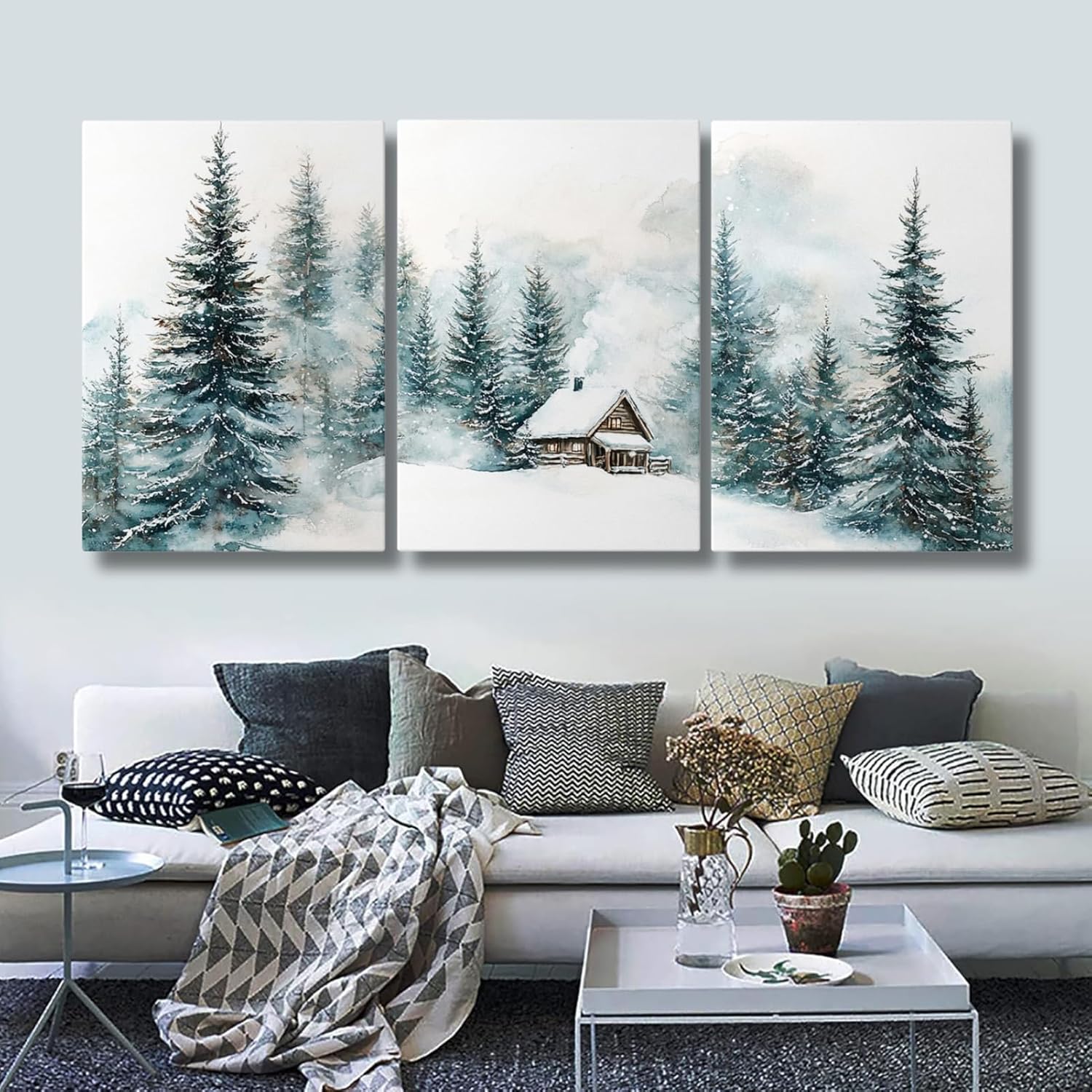 Winter Landscape Pictures Wall Art,Christmas Tree Canvas Art,Forest Canvas Wall Decor for Living Room, Office Bedroom (12" x 18" x 3 pcs)