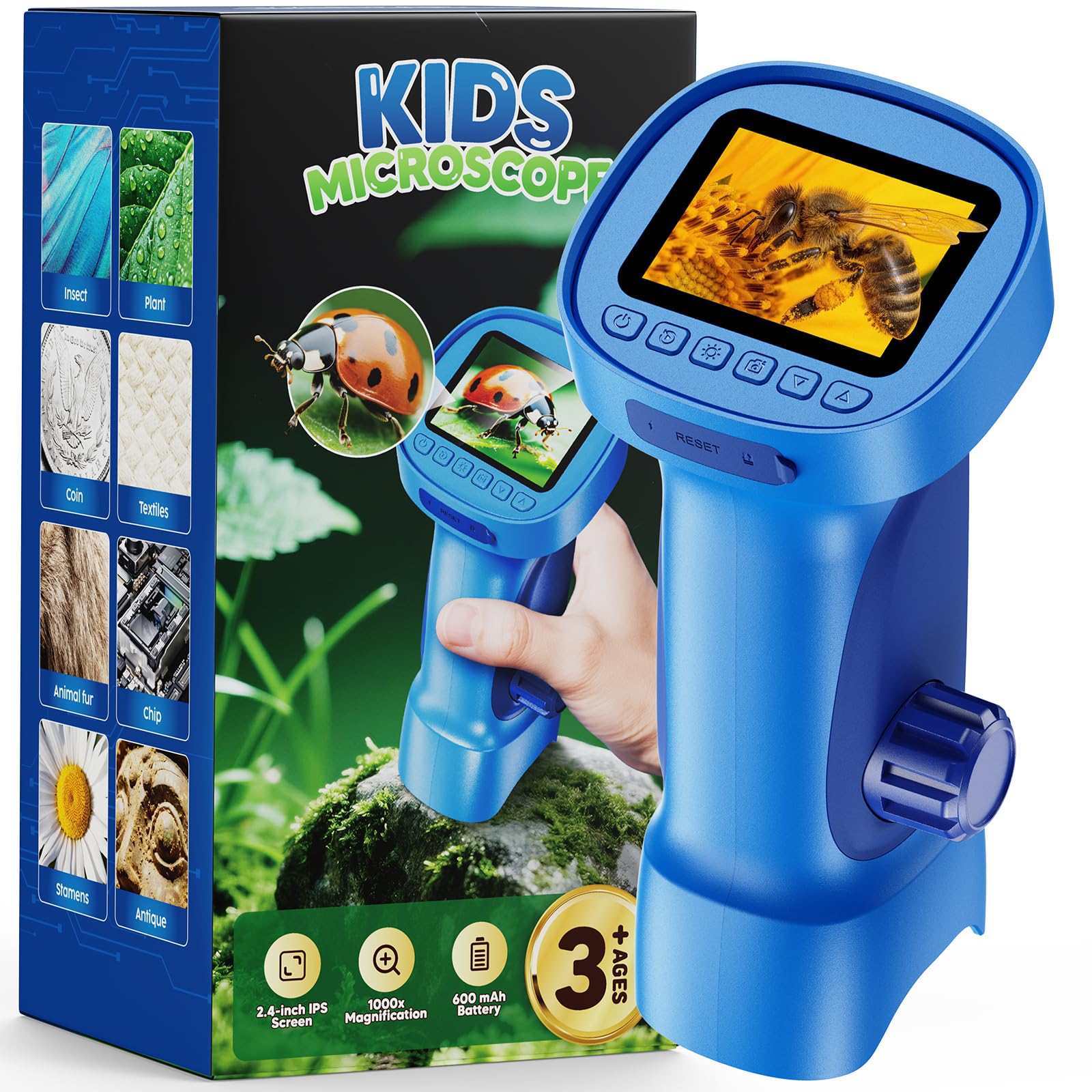 ASPOVEN Microscopio Bambini 1000X con Schermo, Scattare Foto, Video | Microscopio Portatile Digitale con 2.4" IPS, LED, USB, Esperimenti Scientifici Regalo Bambino 4-12 anni