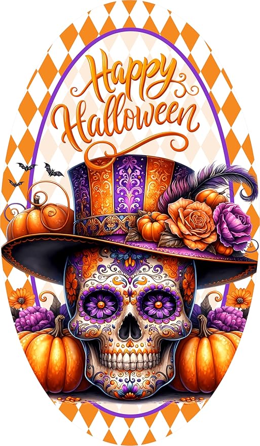 Halloween Sugar Skull Oval Sign, 12 x 7 Inches, Waterproof Aluminum, Day of the Dead Holiday Decor, Wreath Accent, Ornament