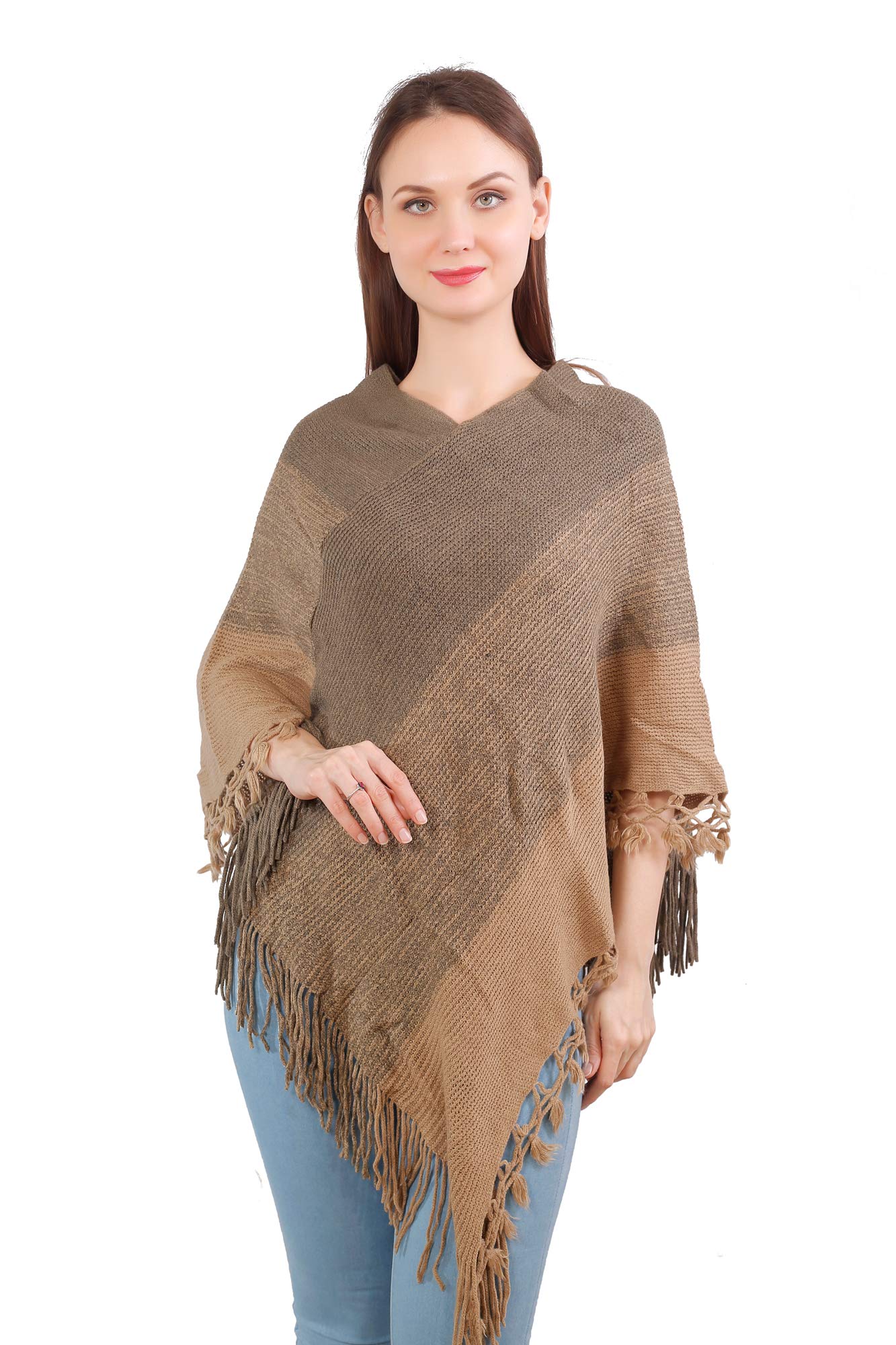 manra Women Woolen V-Neck Strip Ponchu Sc 04 (9E-7DY5-E2EC_Fawn_free size)-picture-9