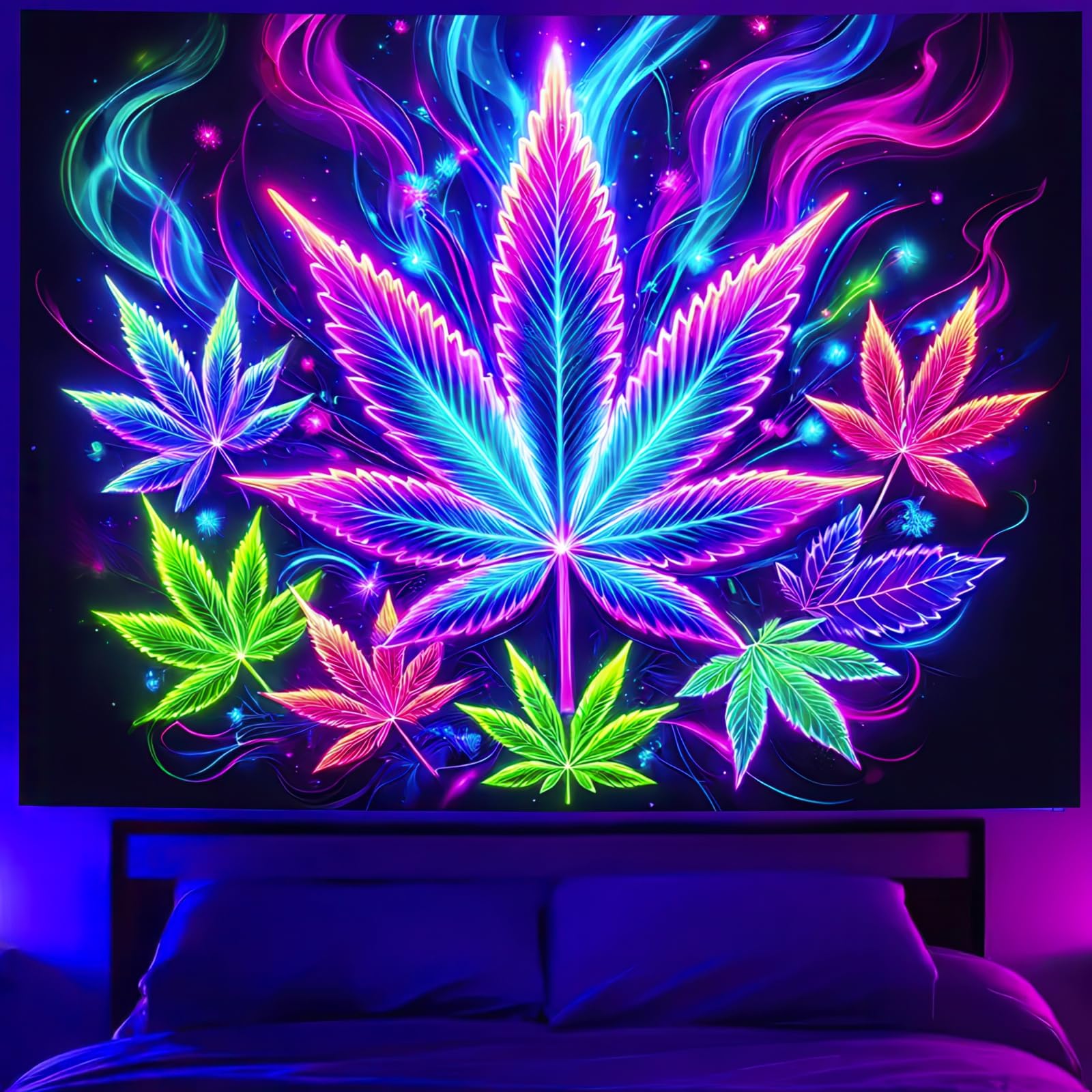 BlissYard Weed Blacklight UV Reactive Tapestry Neon Cannabis Leaf Wall Tapestry Tuxedo Cannabis Leaf Black Light Glow in The Dark Party Backdrop Art Poster for Men Room Bedroom Decor 59 X 78 inch