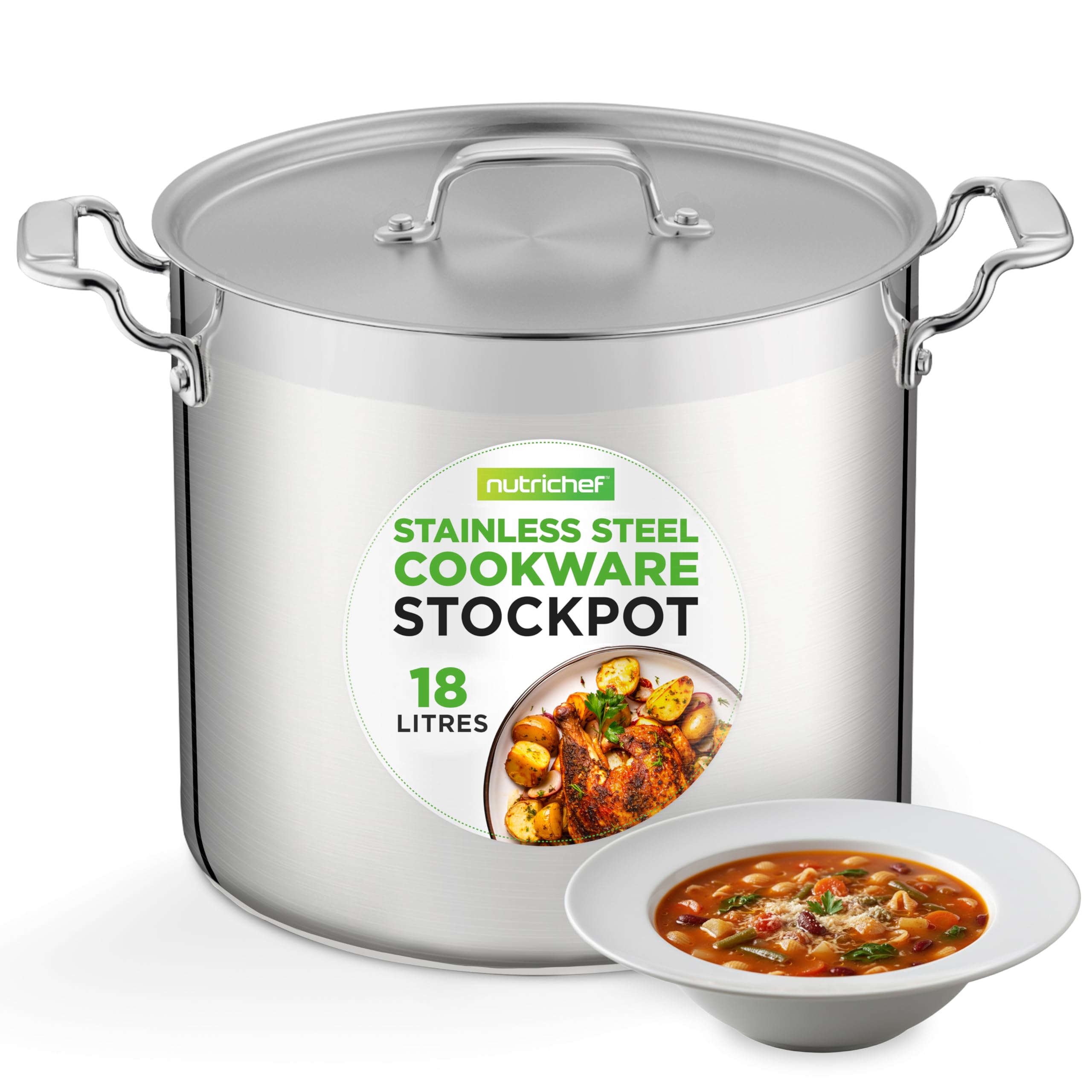 NutriChef Stainless Steel Stock Pot with Lid, 18.9L Big Stockpots for Stew, Soup, Pasta, Meat- Induction Ready, Large Cooking Pot with Ergonomic Handles