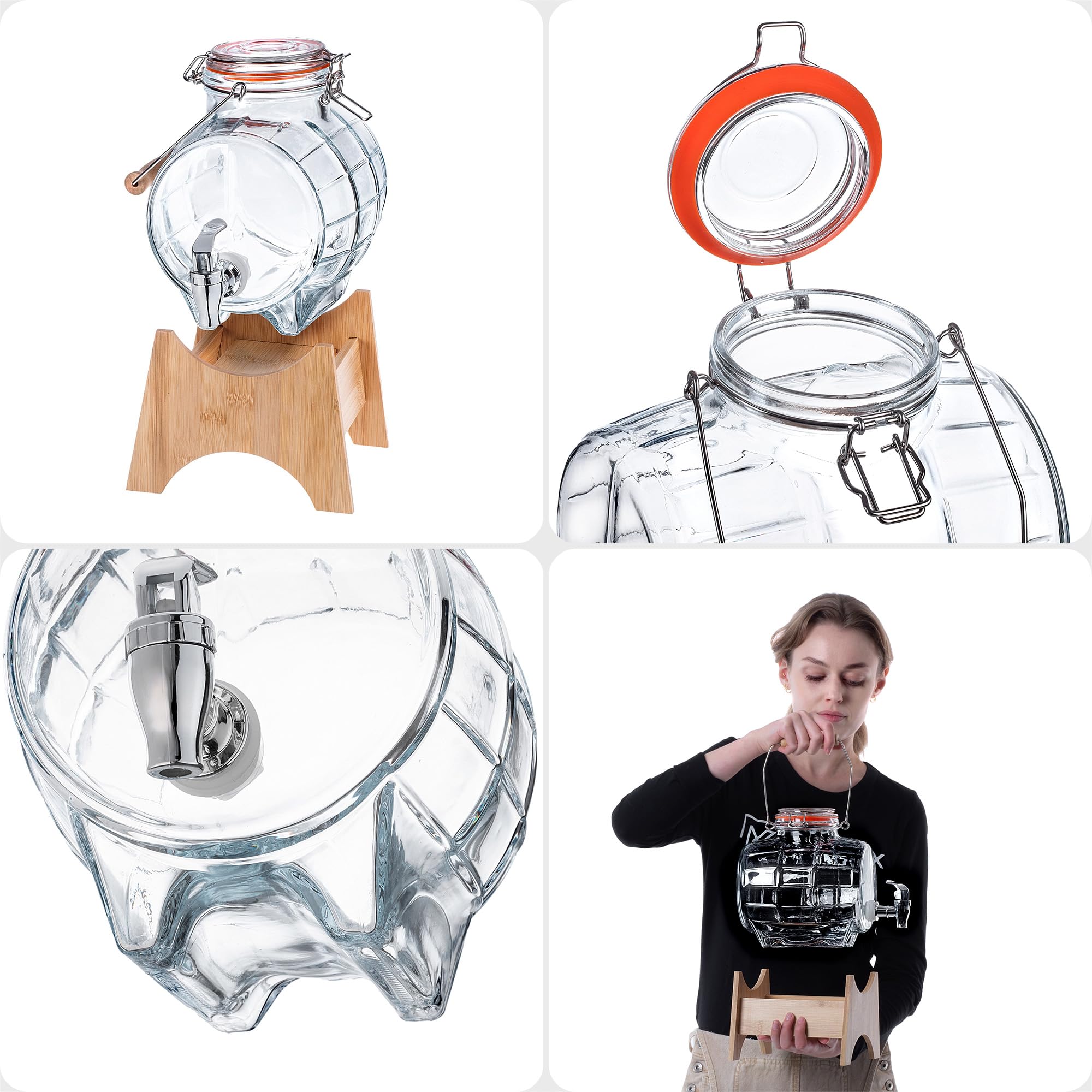 KADAX Fass 3L mit Hahn, fassförmiger Getränkespender aus Glas mit Zapfhahn, transparenter Spender mit Holzuntersatz, Alkoholspender ideal für Whisky, Brandy, Säfte (Modell 1)