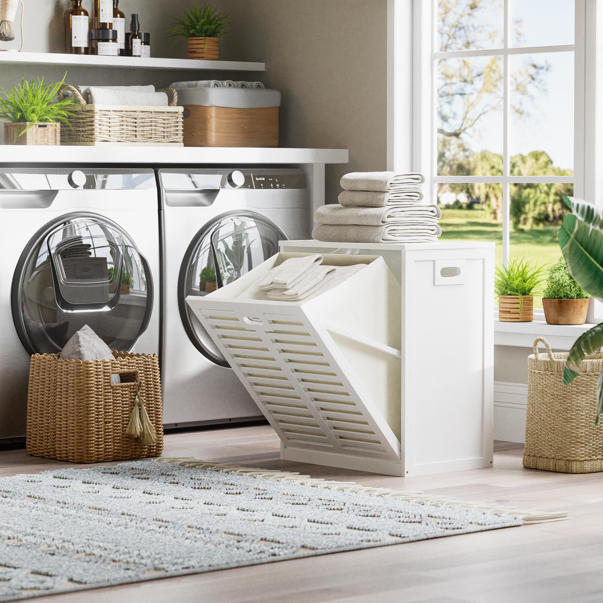 HITNET Mobile Bagno con Portabiancheria, Mobiletto Bagno Salvaspazio da Terra in Bambù con Portabiancheria, Sacco Interno Rimovibile con Maniglie per Lavanderia e Camera da Letto, Bianco