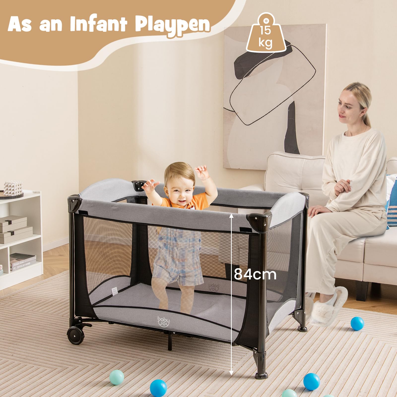 FANTASK Lit de Voyage Pliable 5 en 1 avec Matelas à Langer - Matelas épais - 2 Niveaux - avec Sac de Transport - Charge maximale : 15 kg - Noir