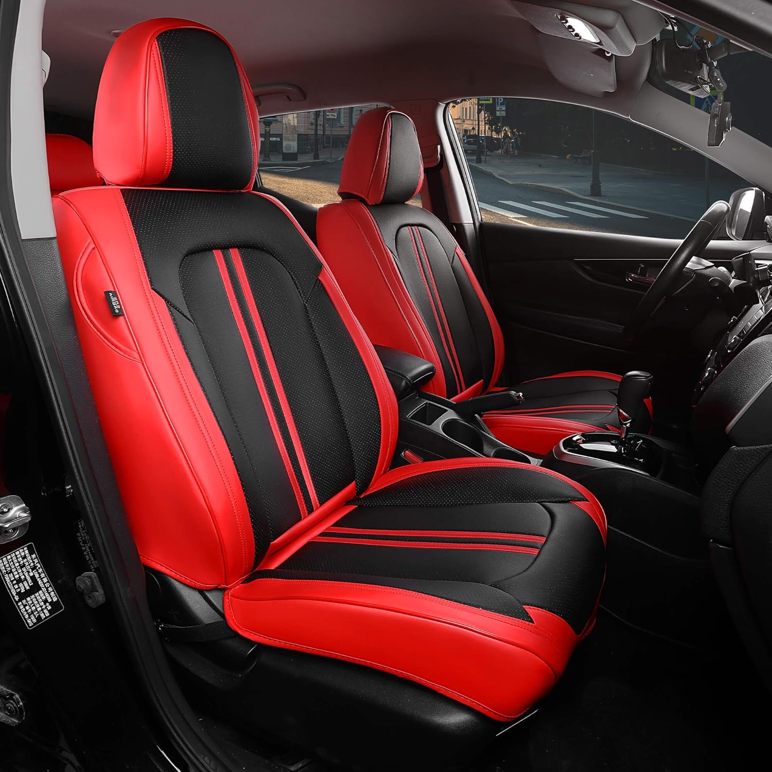 FREESOO Car Seat Covers Full Set, Black Red Waterproof Car Seat Cover, Leather Seat