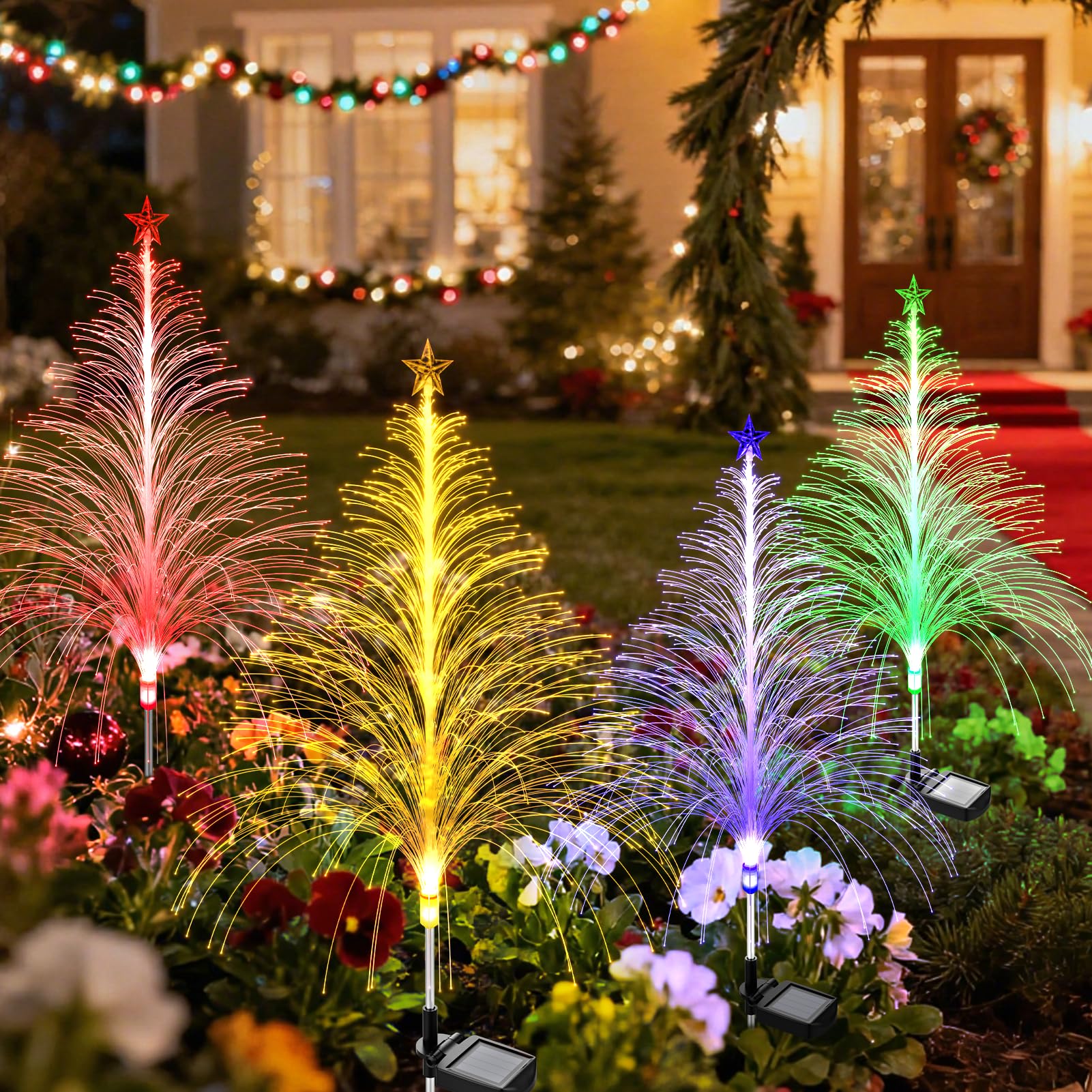 2 Packs Christmas Tree Solar Garden Light with Multi-Colored Change, Auto ON/OFF Outdoor Yard Light, Solar Lighting for Garden, Porch, Christmas and Festival Decoration