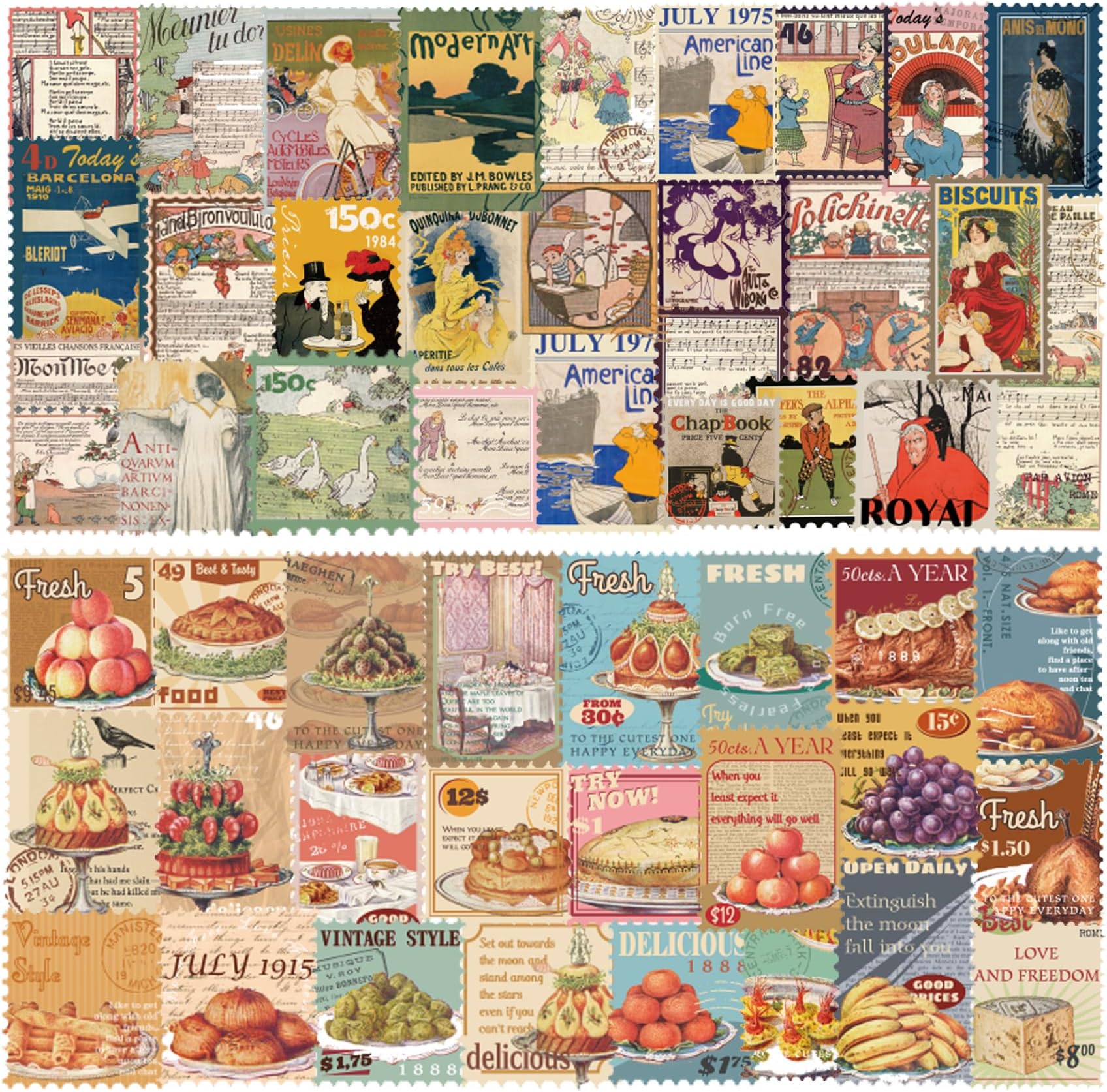 Prstincol 100 Pcs Scrapbooking Stickers,Food Stickers for Scrapbooking,Vintage Stamp Sticker for Journaling,Retro Poster Sticker for Water Bottle Laptop Phones Bullet Journal