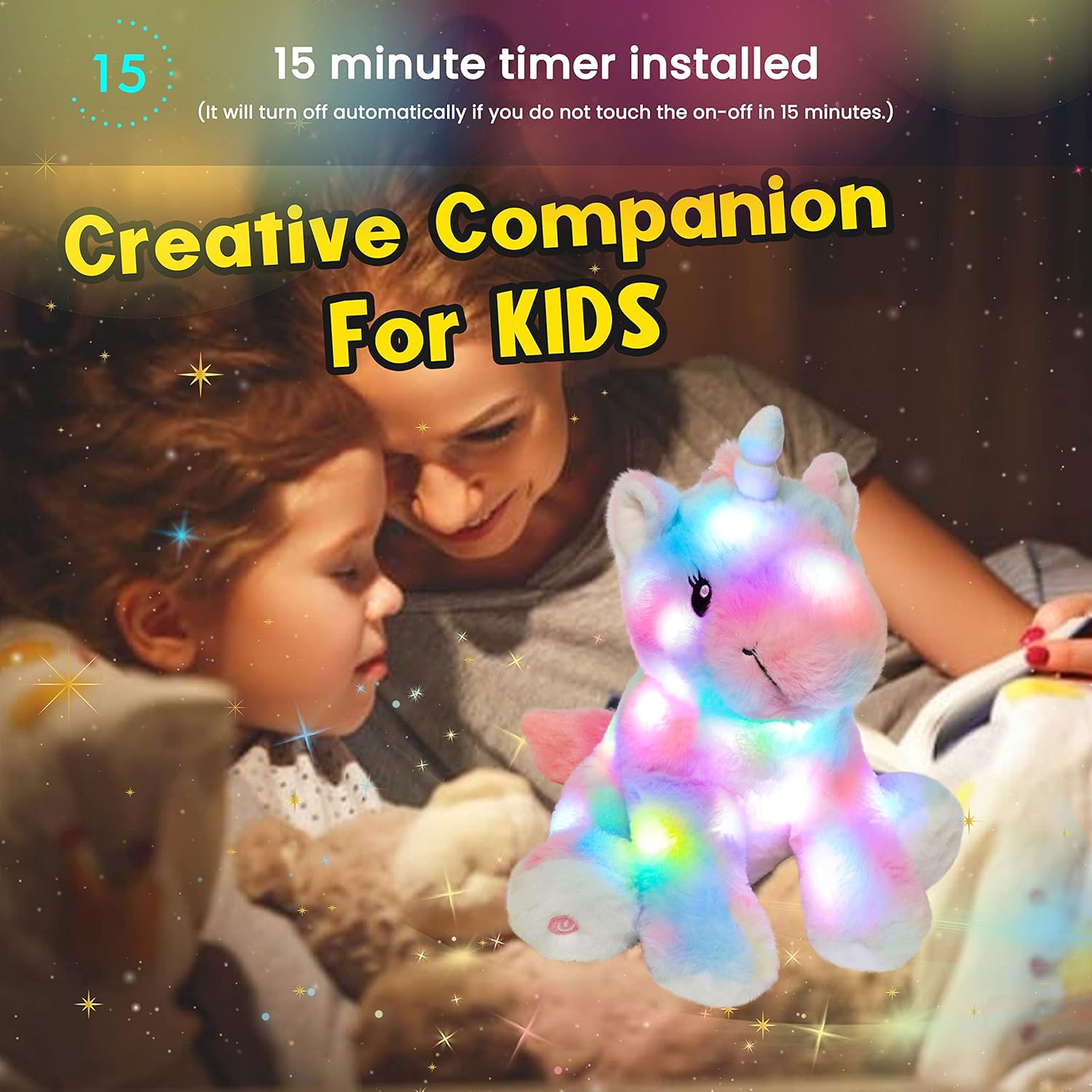 Hopearl LED Plush Unicorn Colorful Lighting Up Stuffed Animal Floppy Night Lights Glow in The Dark Birthday Gifts for Kids Toddler Girls, Rainbow, 12''