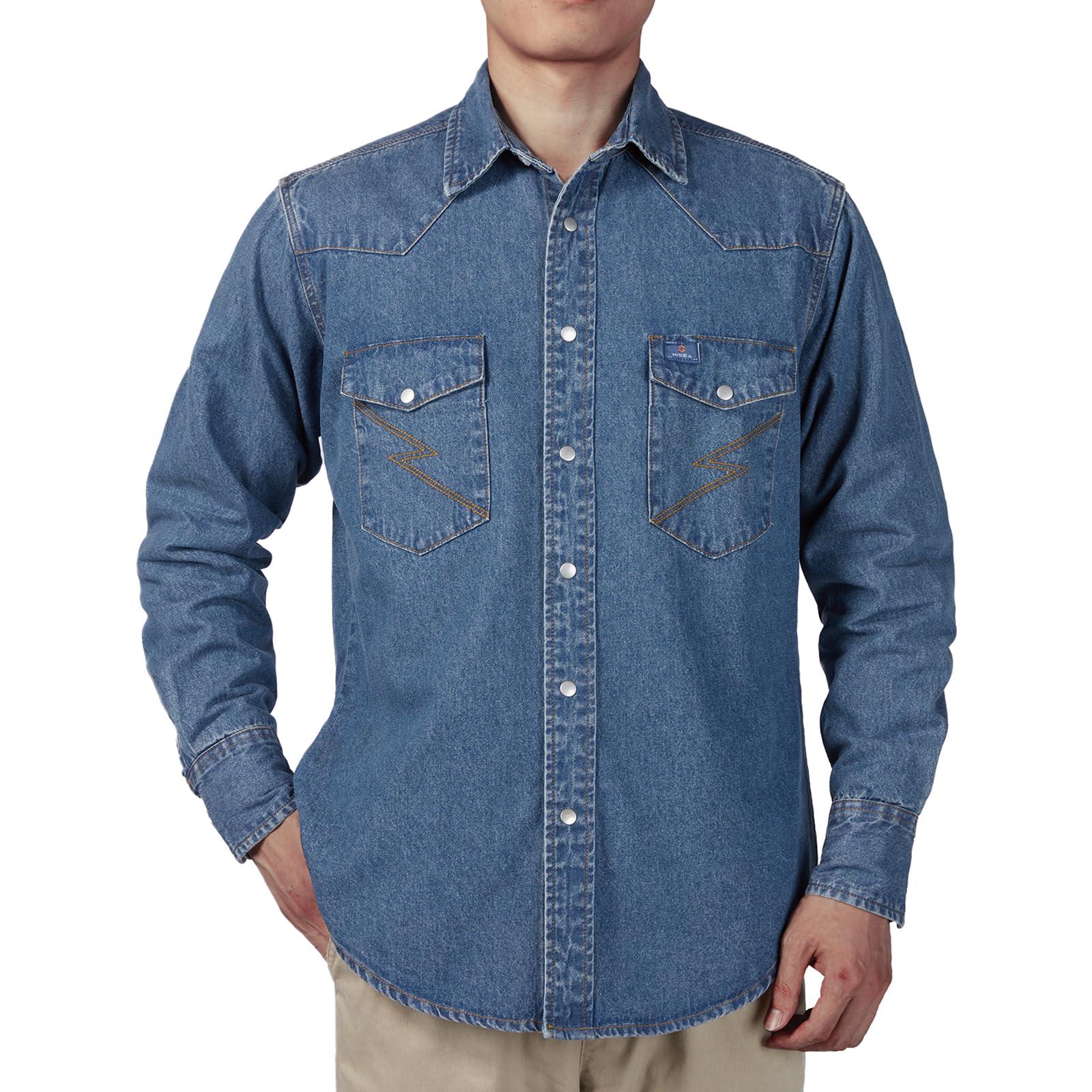 HISEA Camisa vaquera de manga larga para hombre, camisa de trabajo para hombre, ajuste regular, con botones, camisas de trabajo de algodón, acabado lavado