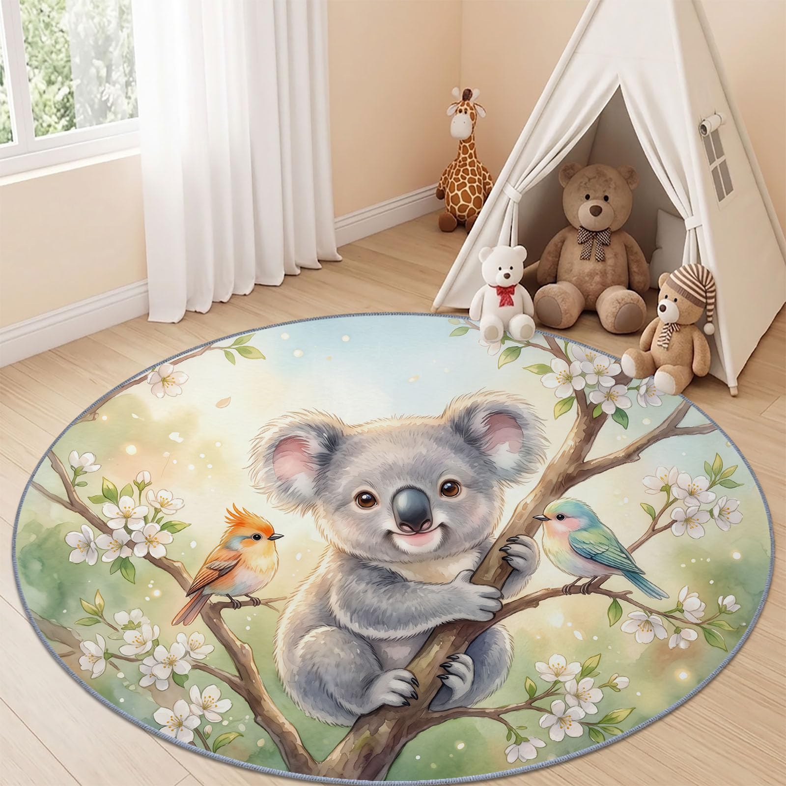 Alfombra redonda de 120 cm con diseño de koala y pajarito, diseño de animales y pájaros, lavable, alfombra de juegos para bebés, niños y niñas, alfombra de suelo antideslizante, suave, colorida