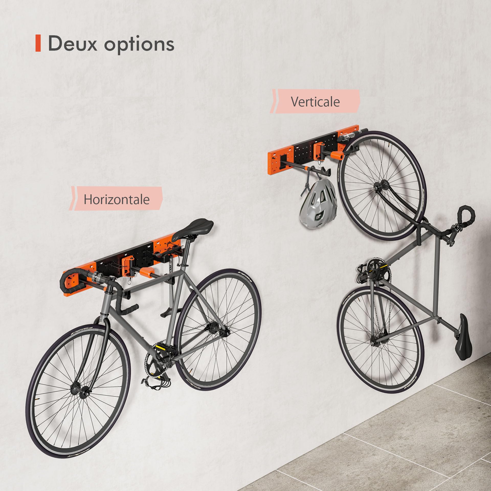 Mimoke Support mural pour vélo, réglable verticalement et horizontalement, capacité de charge jusqu'à 30 kg, panneau perforé avec crochet à outils, peu encombrant, pliable, VTT, vélo de route