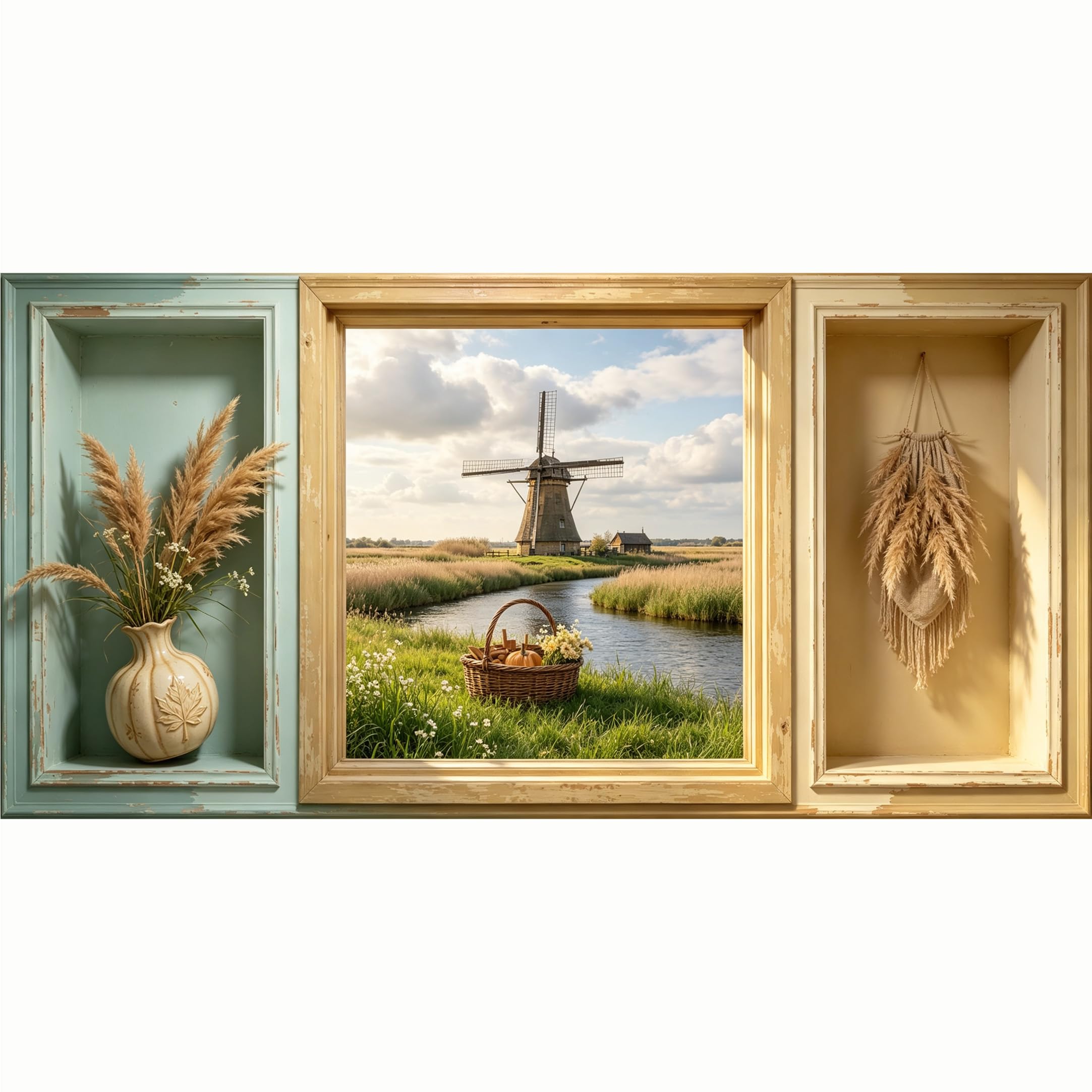 QZLITHOTIC 50x100cm 3D Framed Wall Art， Farmhouse Windmill Landscape Self‑Adhesive Mural， Water‑Activated Peel & Stick Fabric Decor Wall Decal for Bedroom Living Room