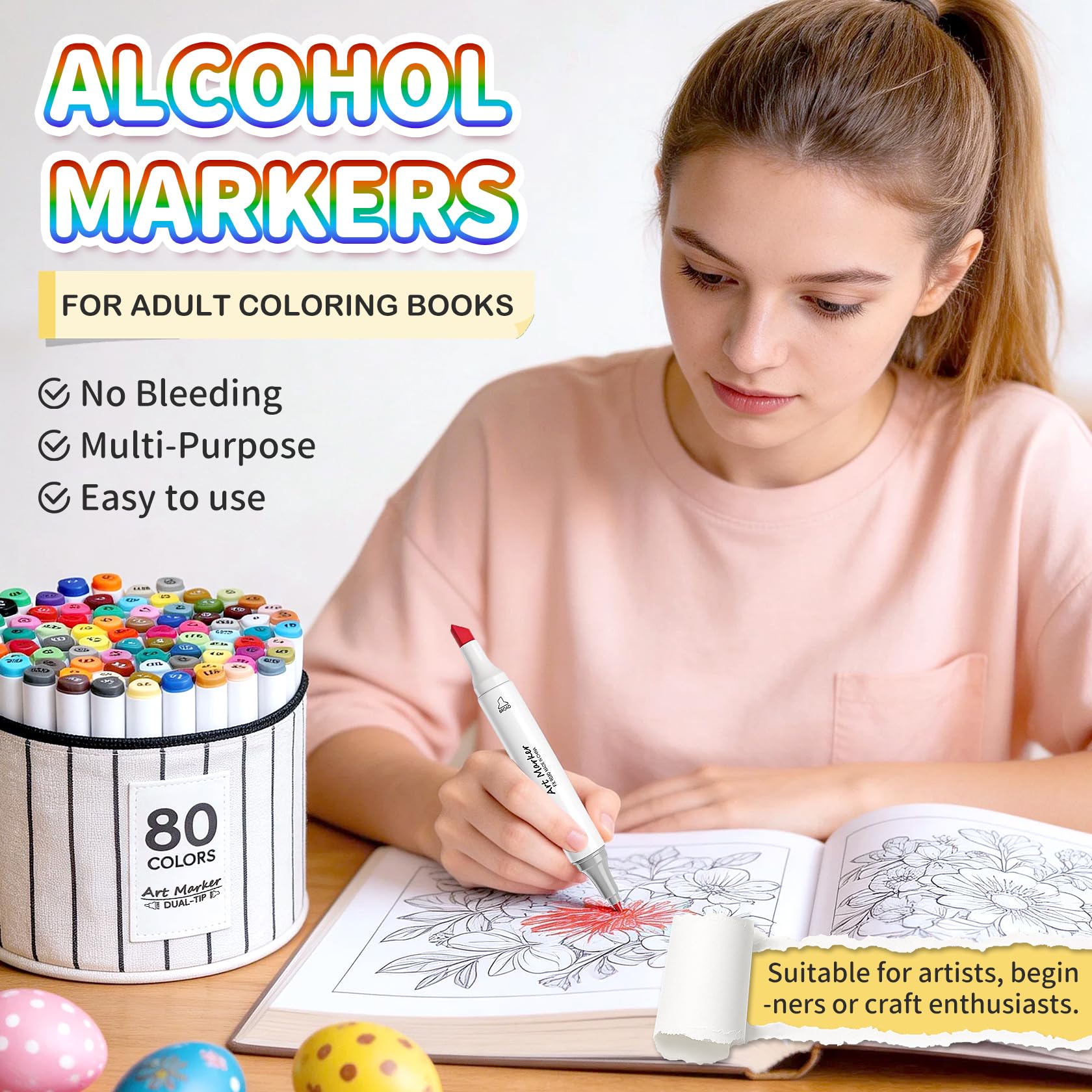 IONSGAKO Alkohol-Marker-Set mit 48 Farben, Doppelspitze, Malbücher für Erwachsene, kein Ausbluten, Kunstmarker für Bastelarbeiten, Kunstbedarf, Ostergeschenk, Zeichnen, Holz, Stoff, Leinwand, Glas