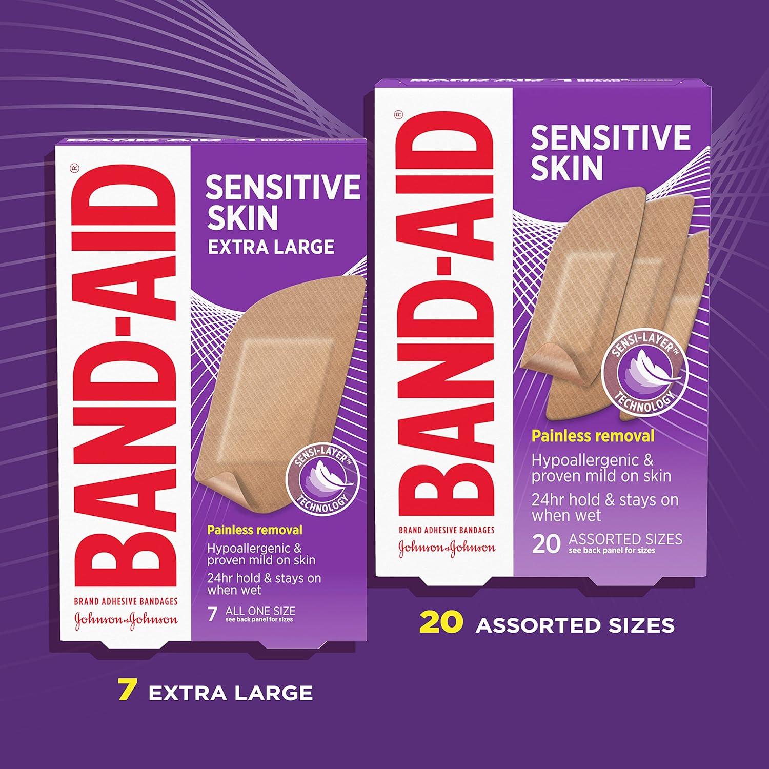 Band-Aid Brand Adhesive Bandages for Sensitive Skin, Hypoallergenic Bandages with Painless Removal, Stays on When Wet and Suitable for Eczema Prone Skin, Sterile, Extra Large Size, 7 ct : Health & Household