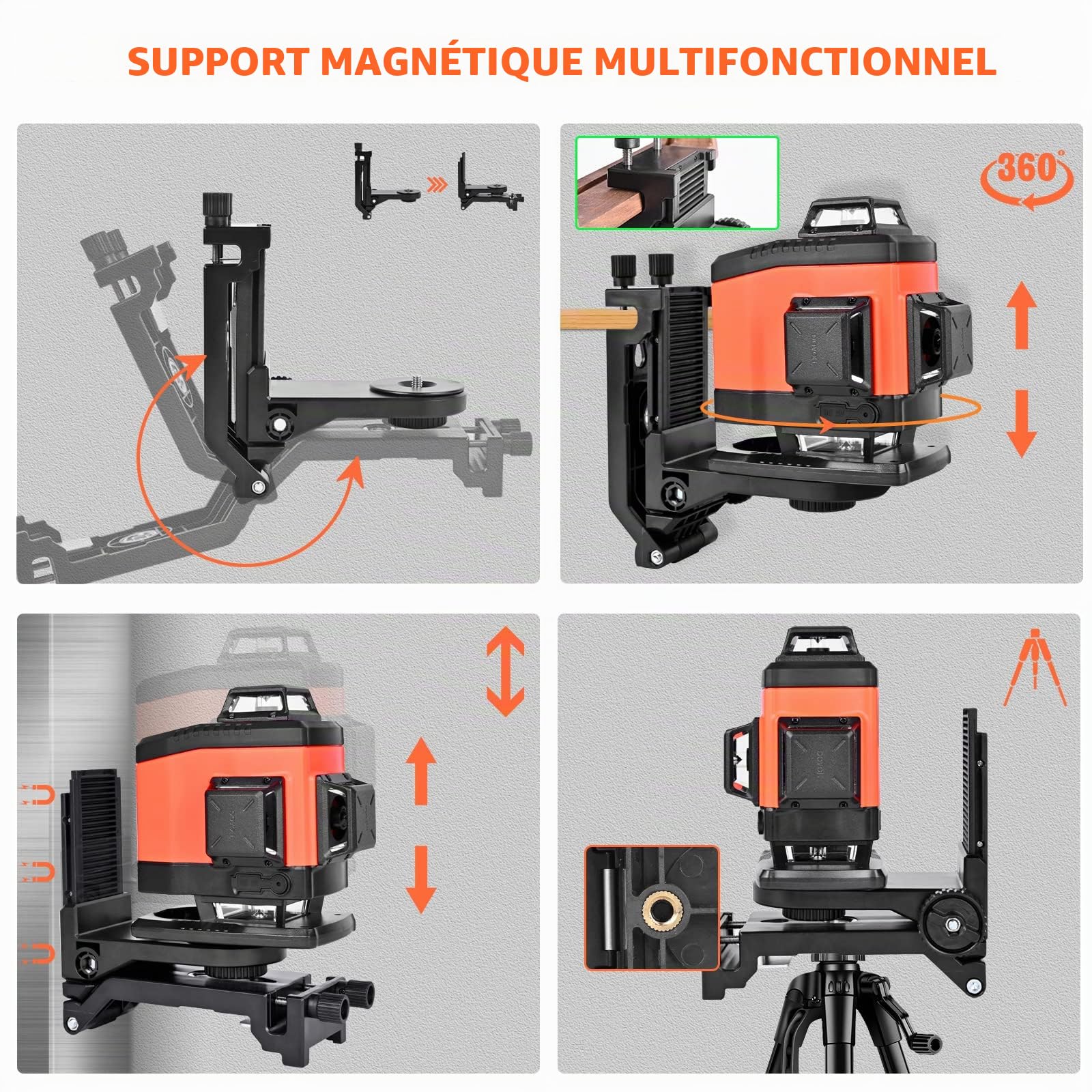 DOVOH Niveau laser auto-nivelant : niveau laser 4D à 16 lignes auto-nivelant 4 x 360 Faisceau vert pour carrelage au sol et plafond Double piles rechargeables Support magnétique inclus, K4-360G