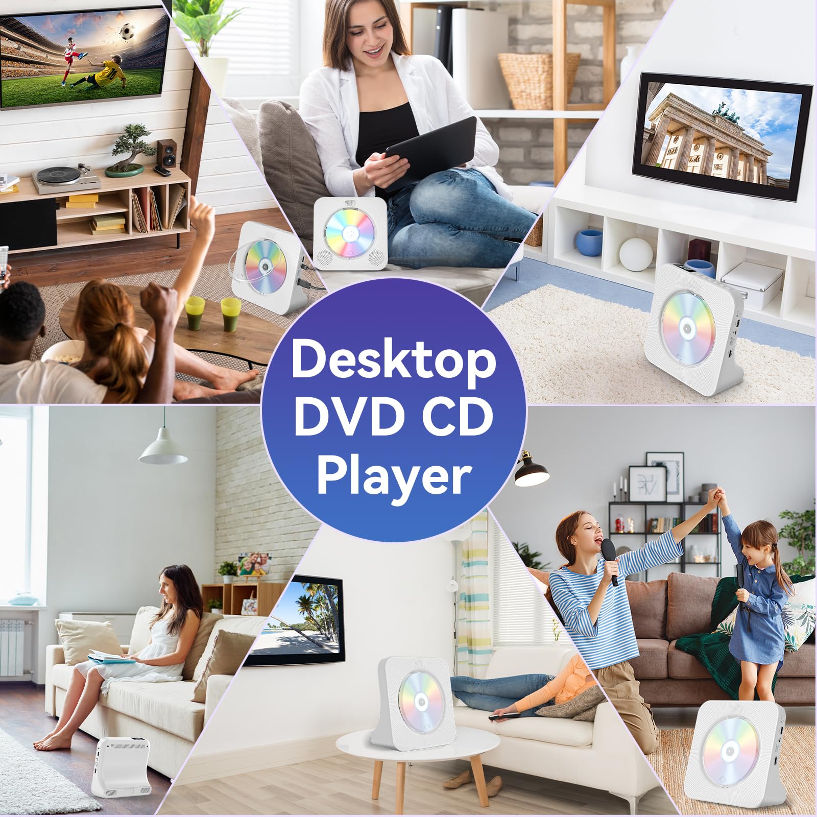 Qoosea Lettore DVD CD per TV con Bluetooth HDMI e Lettore DVD CD Desktop senza limiti di Regione con Altoparlanti Display Sveglia Radio FM Riproduzione USB Card Telecomando e Cavo HDMI(bianco)