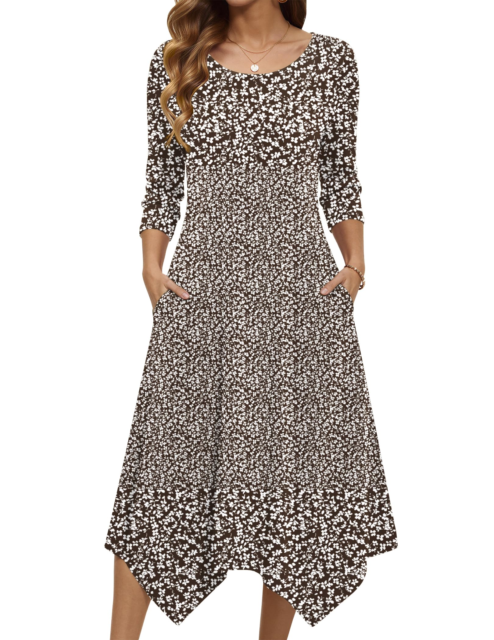 Zeagoo Midi Dresses Women 2026 Dress 3/4 Sleeve A Line Casual Dresses with Pockets