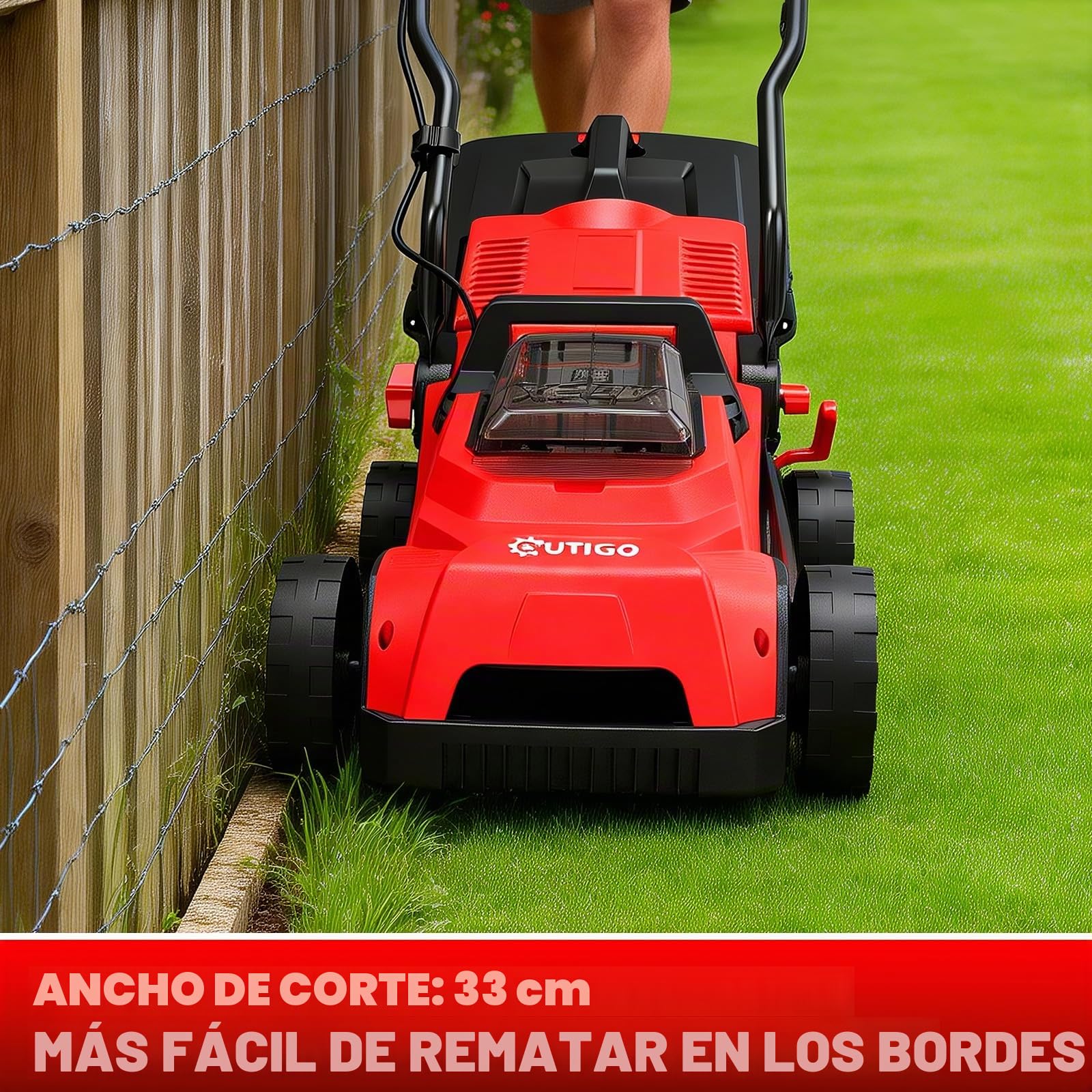 OUTIGO Cortacésped Eléctrico 21V, Batería 5.0Ah Incluida, 33 cm de Ancho de Trabajo, hasta 250 m², 32 L Bolsa recolectora, Altezza Regolabile 25-65 mm