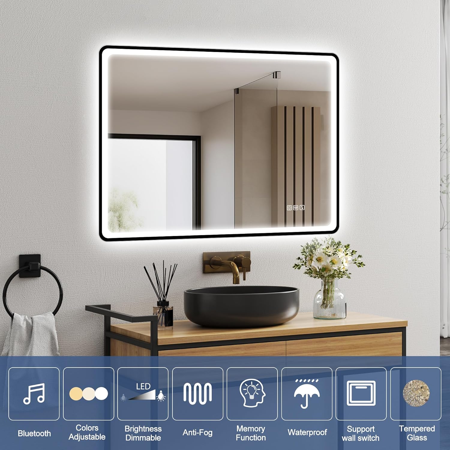 STARLEAD 24"x32" Black Frameless LED Bathroom Mirror with Bluetooth Speaker, 3 Color Temperature, Stepless Dimming, Anti-Fog, Touch Control, Wall-Mounted Vanity Mirror, Vertical or Horizontal