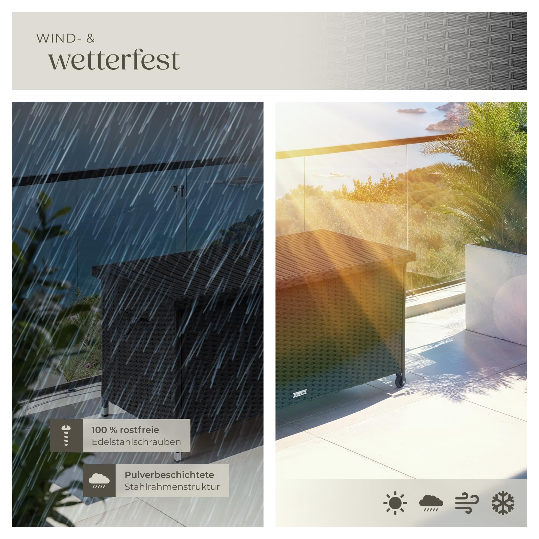 tectake® Poly Rattan Auflagenbox wetterfest, abschließbare Box mit Deckel, outdoor Aufbewahrungskiste mit Innentasche, Kissenbox 270L, rollbar, für Garten, Terrasse, Balkonmöbel - schwarz