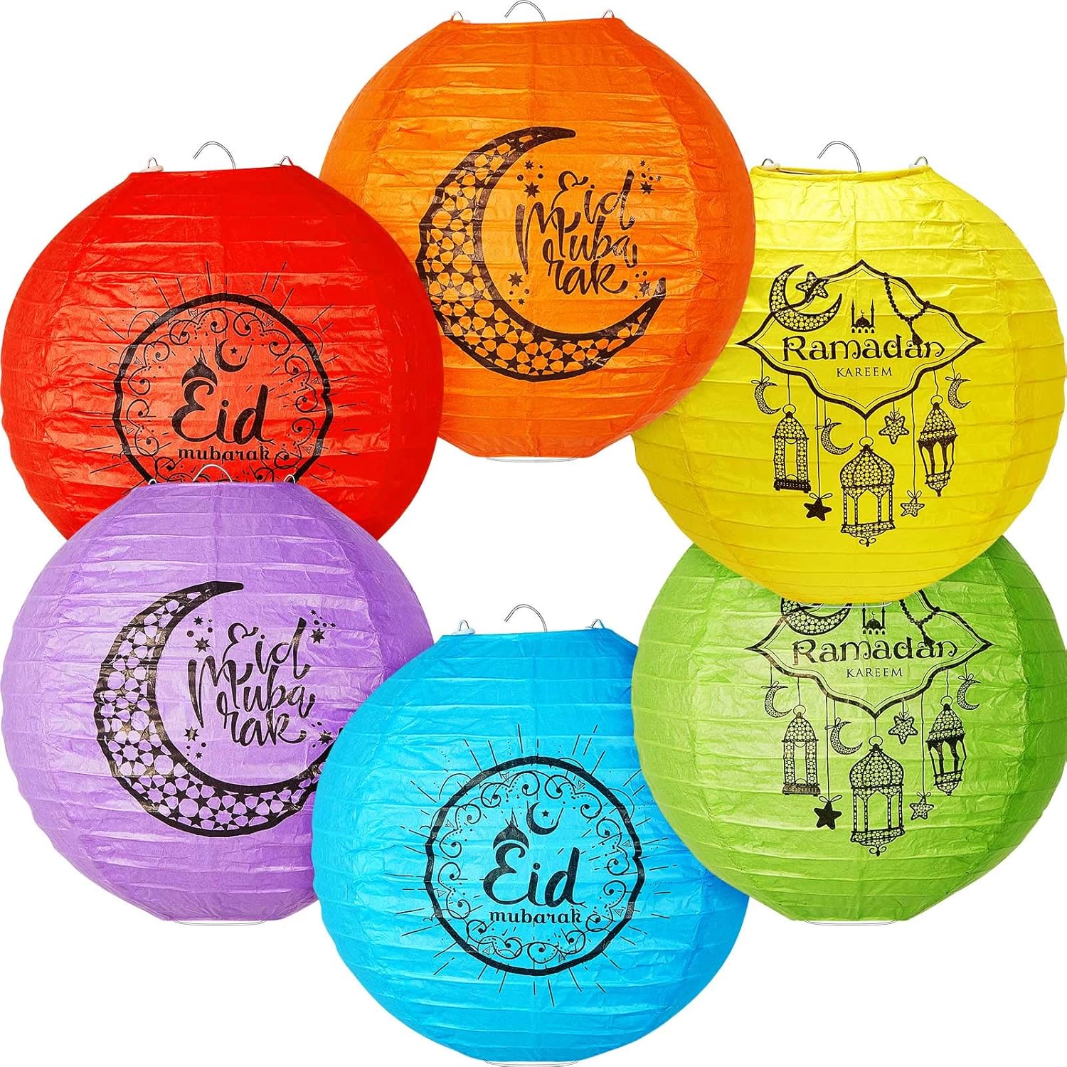 Eid Mubarak 8 Inch Paper Lanterns Decorations, Colorful Round Paper