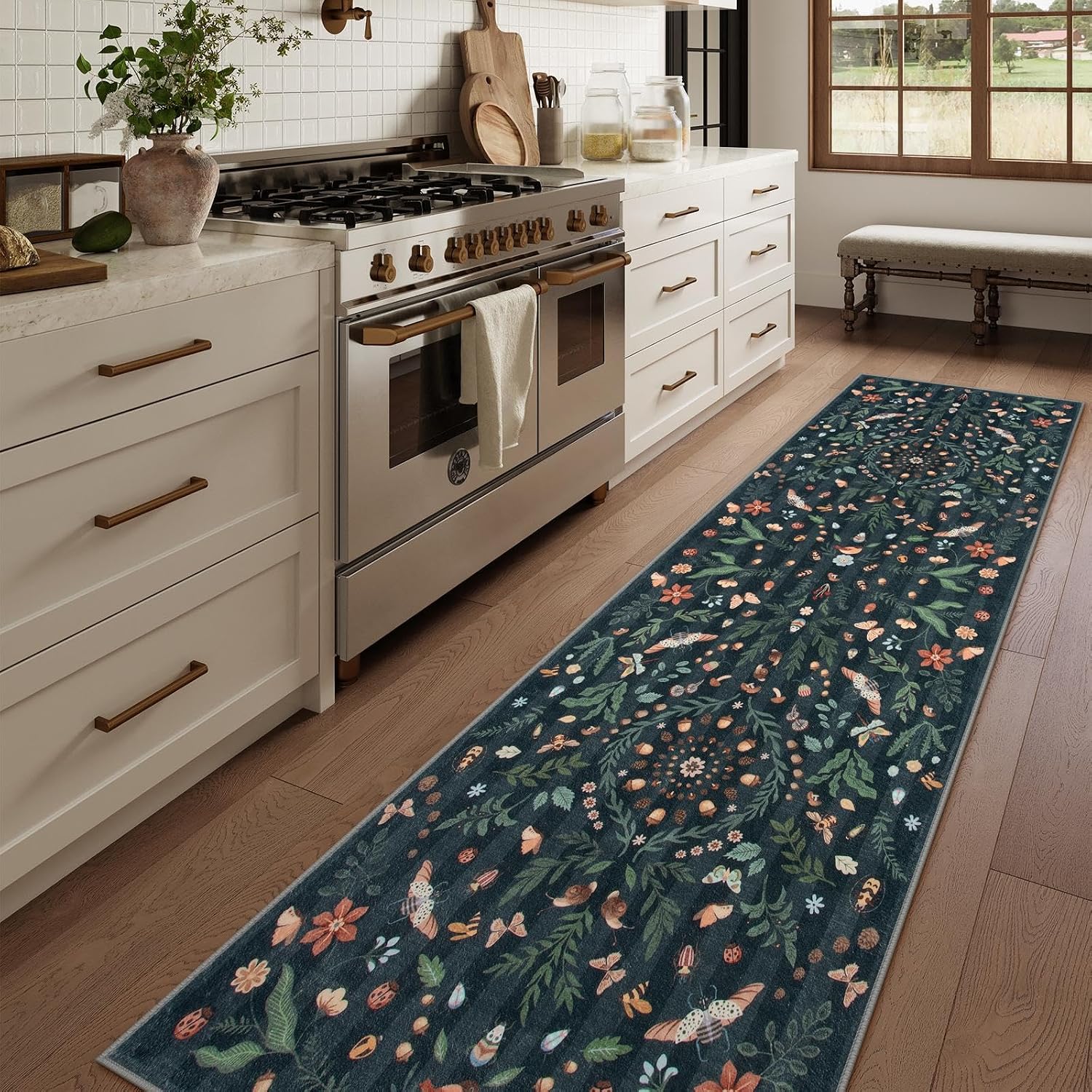 Lahome Washable Insect Botanical 2'6"x10' Runner Rug for Entryway - Machine Washable Non-Slip Hallway Runner Rug, Black Boho Low Profile Soft Faux Wool Carpets for Bedroom, Hallway, Laundry, Kitchen image 2