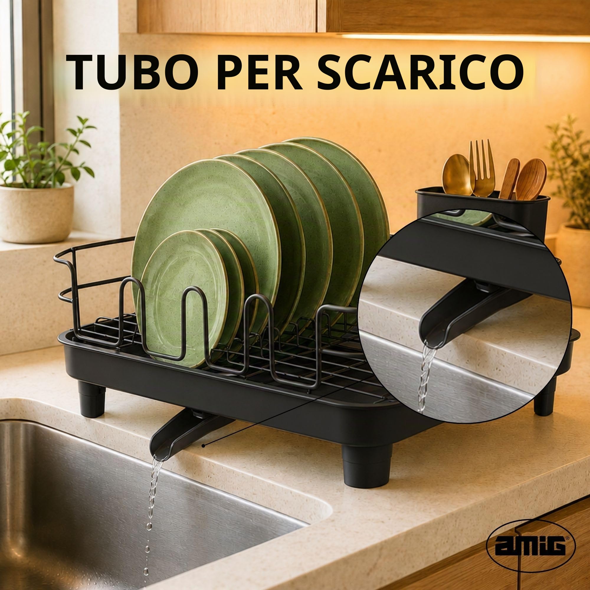 Amig Scolapiatti Estensibile con Scarico Nero VIKA