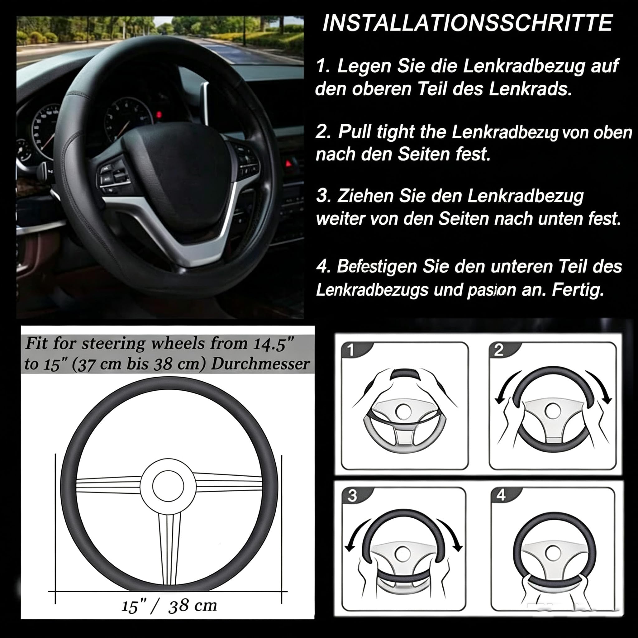 Valleycomfy Microfiber Leather Steering Wheel Cover Universal 15 inch (Black) — Amazon image 5