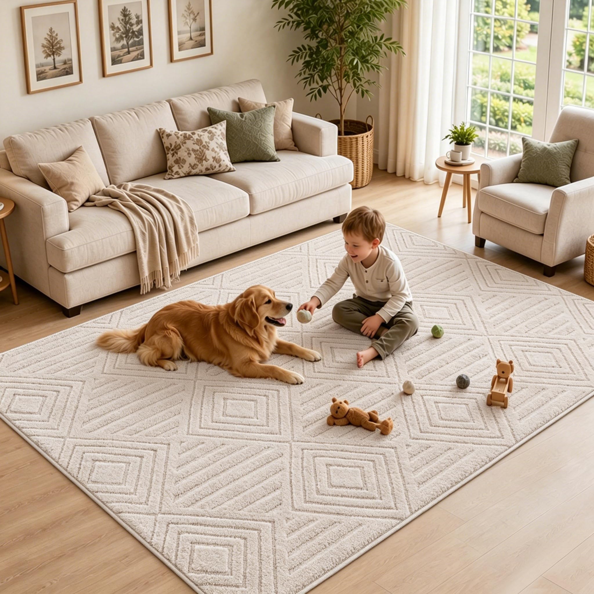Capslpad Tapis Salon Beige 120x180 cm, Tapis à Poils Courts Lavable Antidérapant, Tapis de Sol Moderne pour Chambre à Coucher, Bureau, Salle à Manger