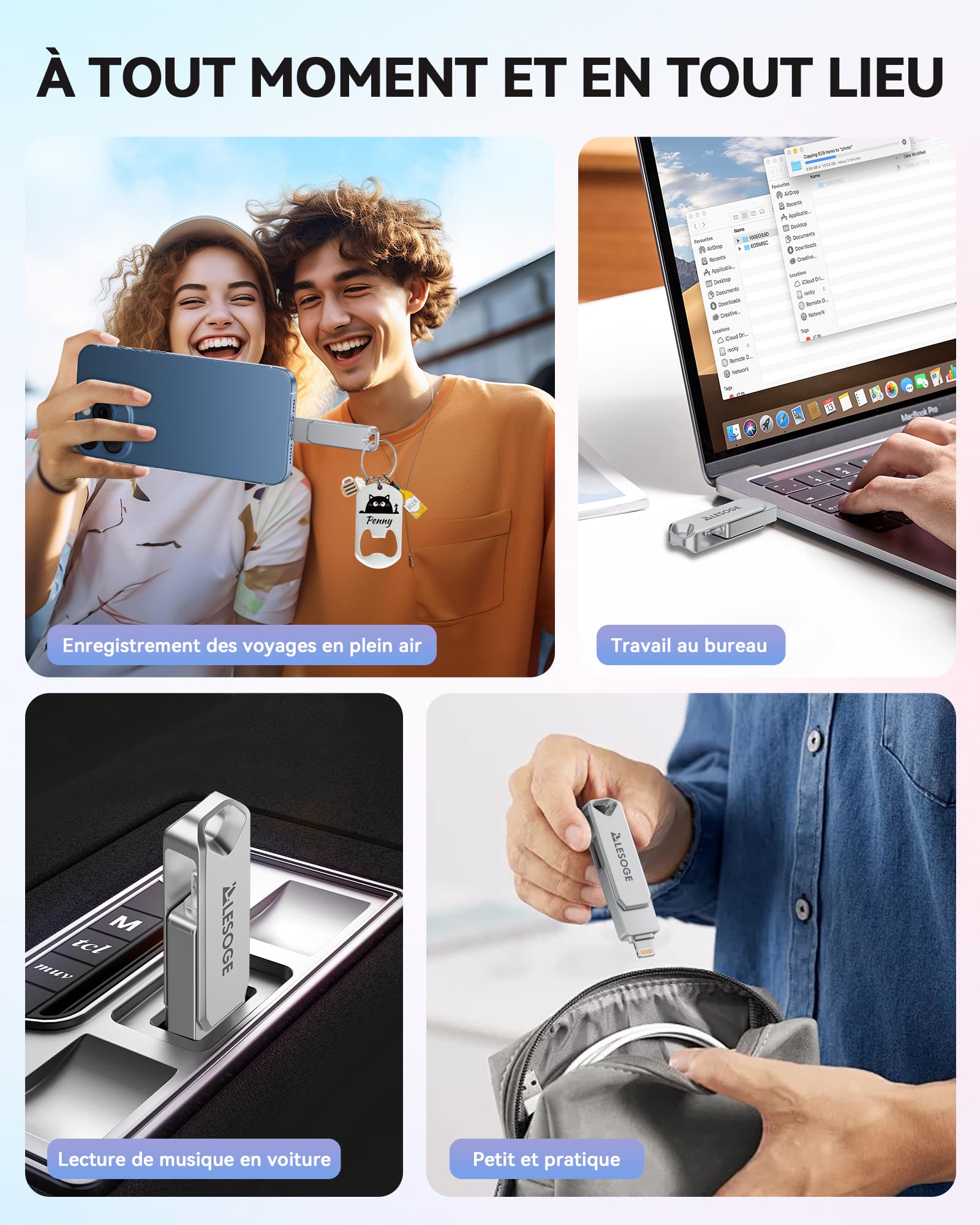 Clé USB 128 Go, 3 en 1 USB 3.0, Stockage Externe USB-C | Certifiée MFi, idéale pour sauvegarder photos et vidéos. Transfert de fichiers facile entre iPhone, iPad, Android, Mac et PC.