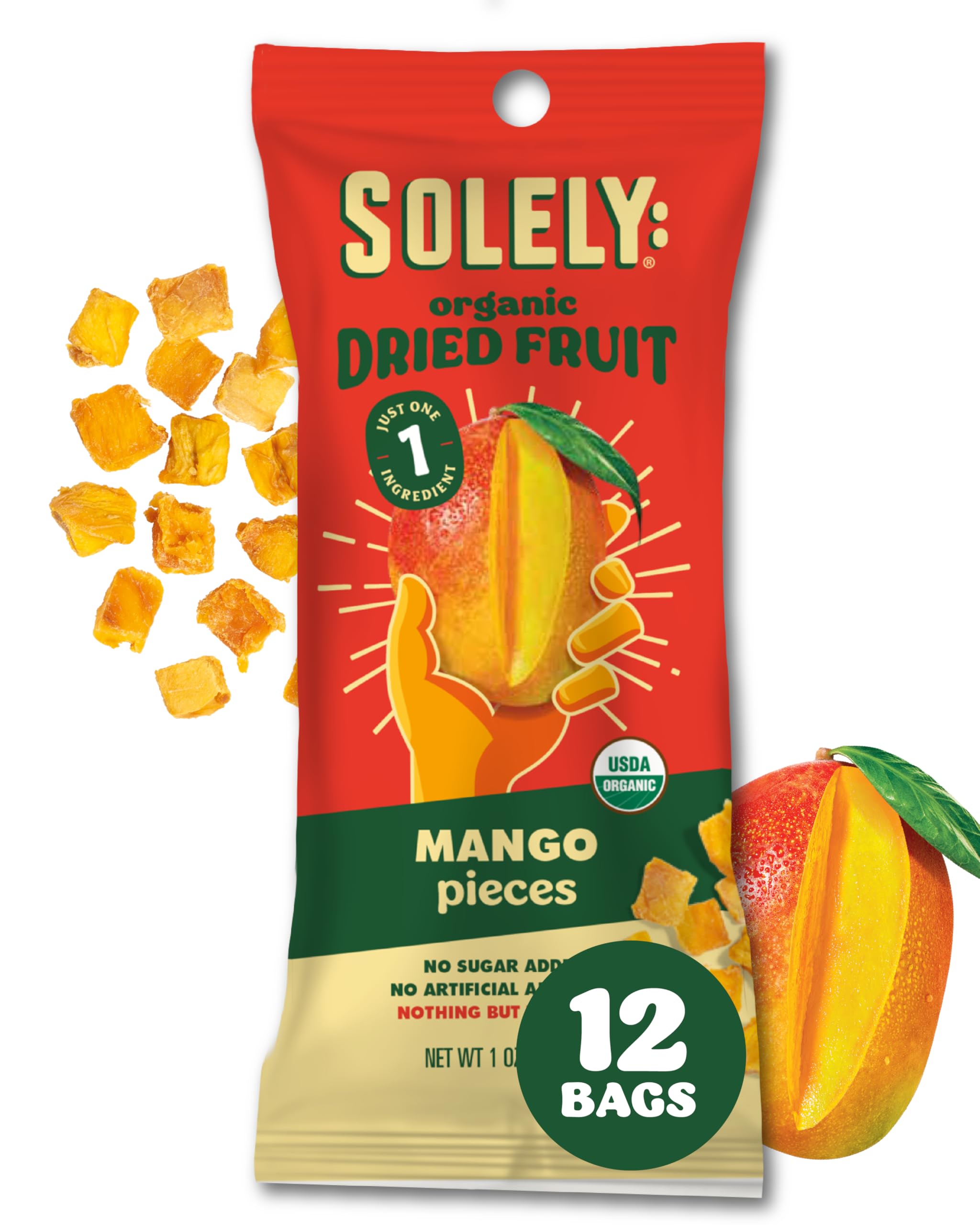 SOLELY - Organic Dried Fruit Mango Pieces (1 Box, 12 Single Serving Bags per Box) - Real Fresh Fruit - Healthy Snacks for Adults & Kids - Non GMO,