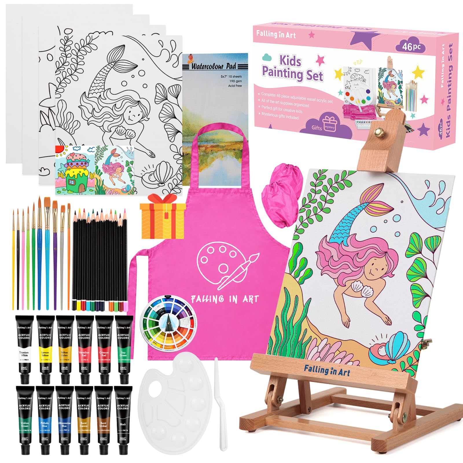 Falling in Art Tisch-Staffelei-Set, tragbare Holzkunst-Staffelei für Kinder, Staffelei zum Malen von Leinwand, inklusive 12 Farben Acrylfarben, 10 Pinsel und 4 Leinwandplatten, Rosa