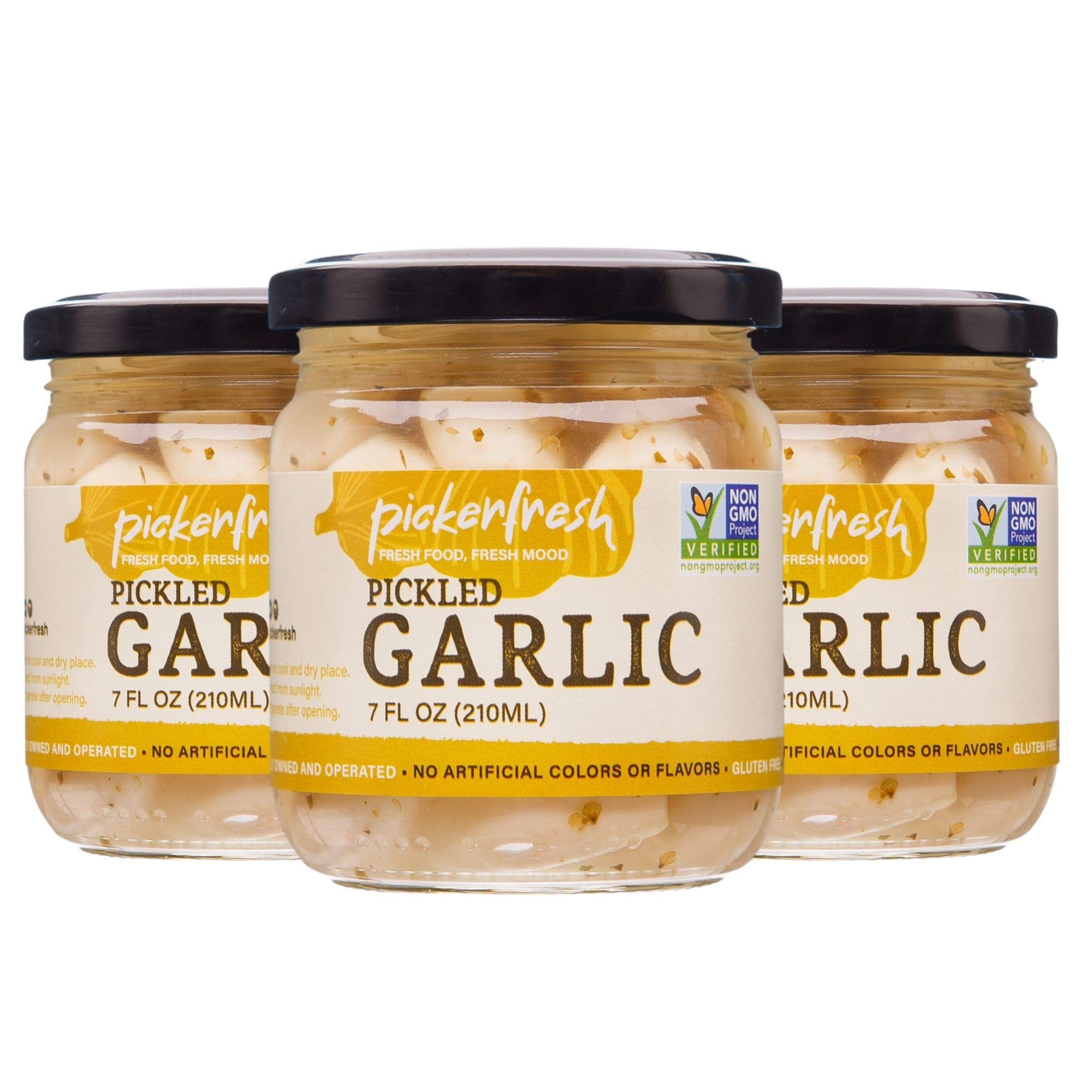 Pickerfresh Pickled Garlic - Gourmet Garlic Cloves - Simple Ingredients - Non-GMO, Gluten Free & No Artificial Color - 7 oz (3 Pack)