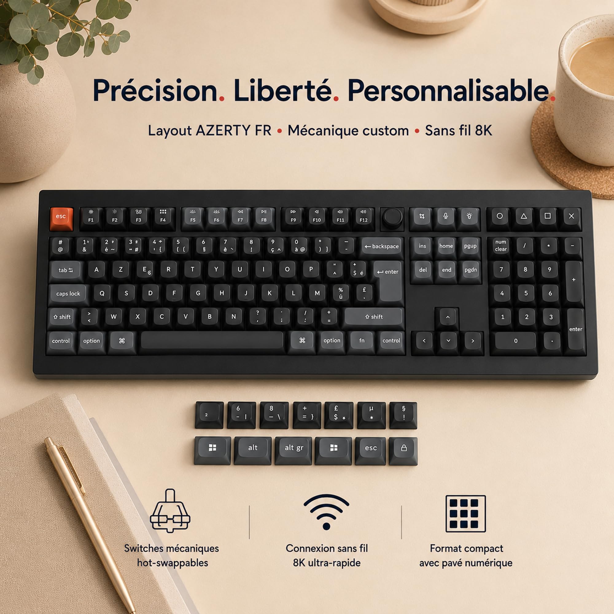 Keychron V6 Ultra 8K Clavier Mécanique sans Fil Pleine Taille, 2.4G/Bluetooth 5.3/USB-C, Touches PBT OSA, RGB Personnalisable, Switches Rouges Pom Hot-Swap pour Mac/Windows/Linux (Disposition AZERTY)