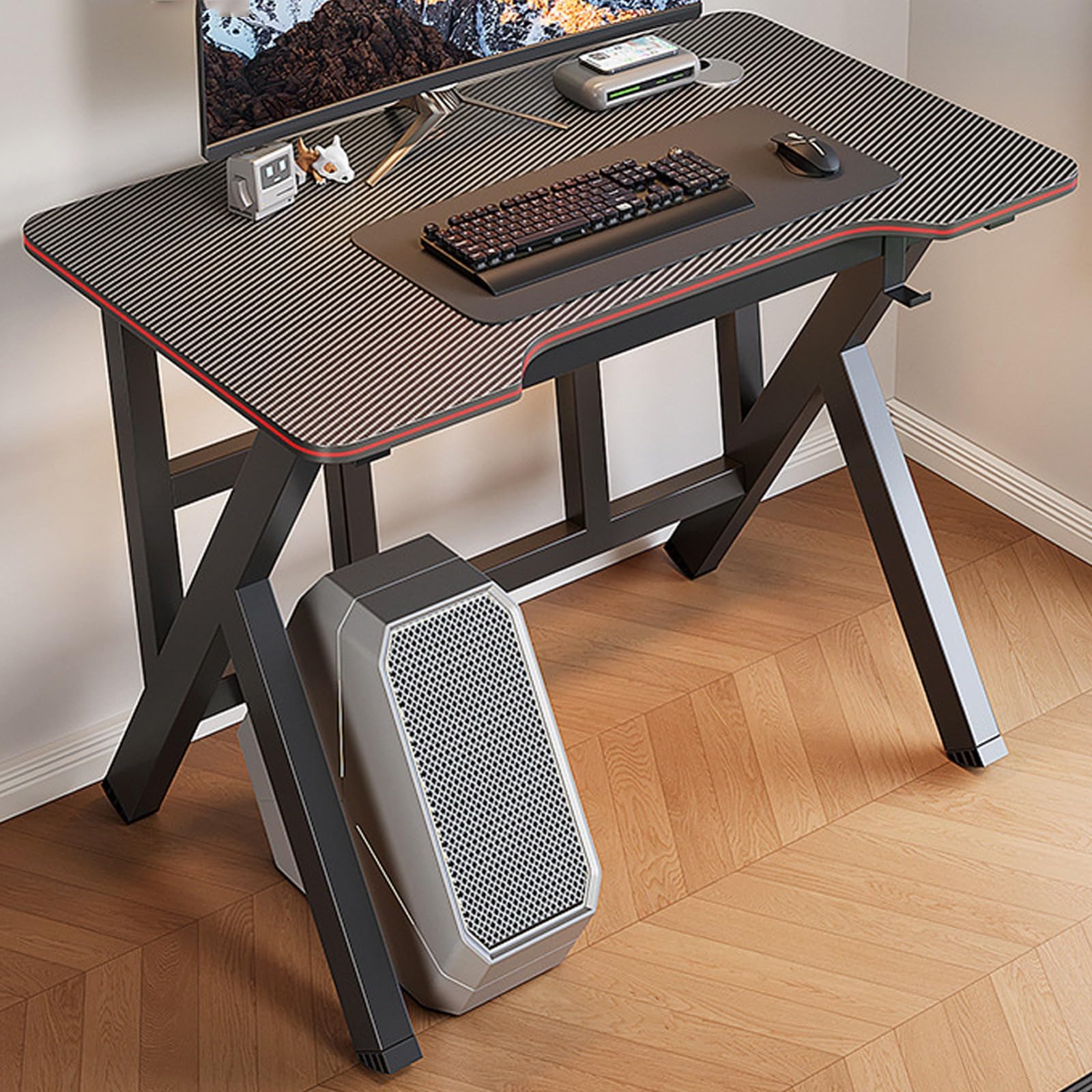 Bureau de jeu ergonomique avec revêtement carbone et crochet casque pour setup PC