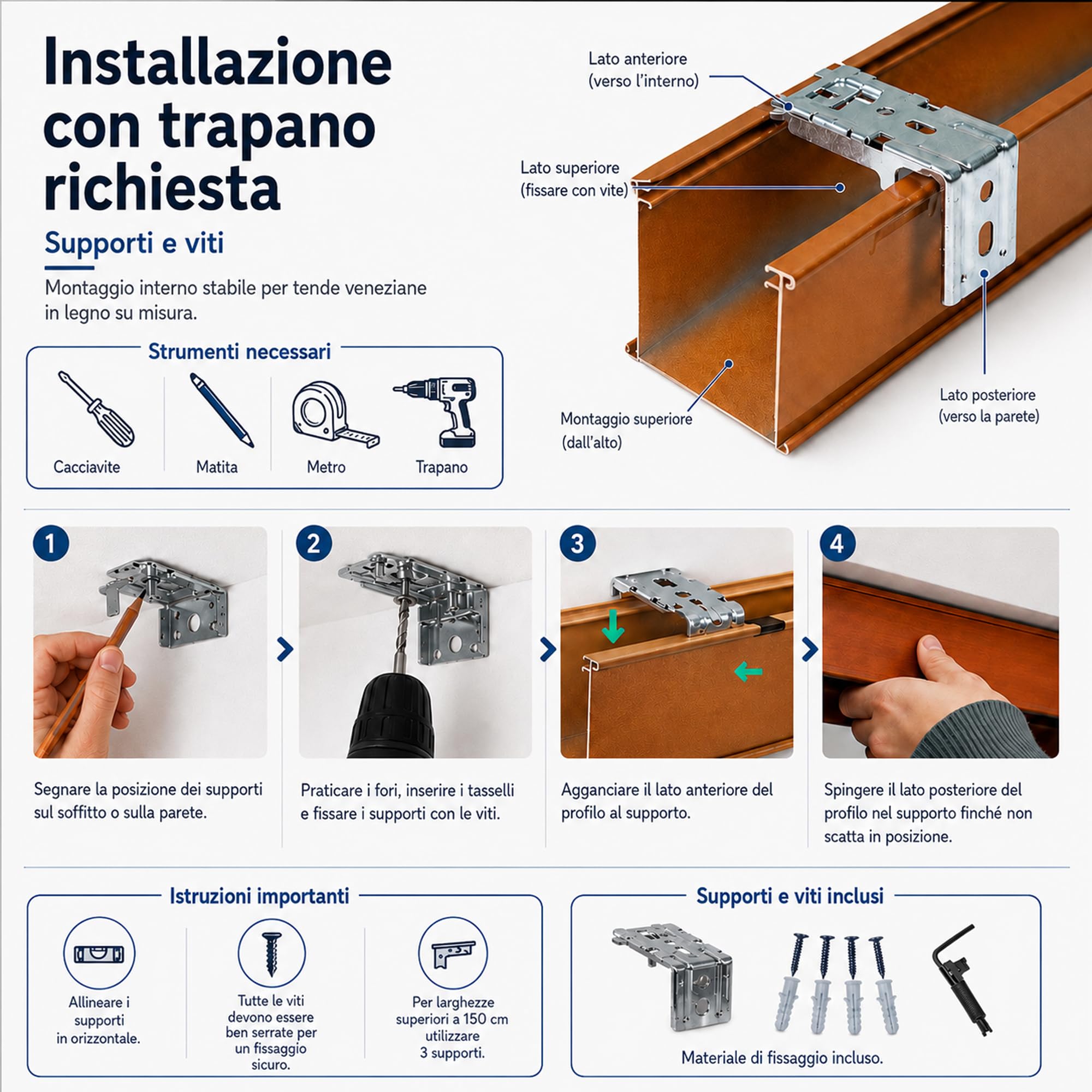 Tenda veneziana in legno su misura per finestra interna, legno di paulownia con lamelle da 50 mm, installazione con trapano, cordino, privacy e regolazione della luce M50115