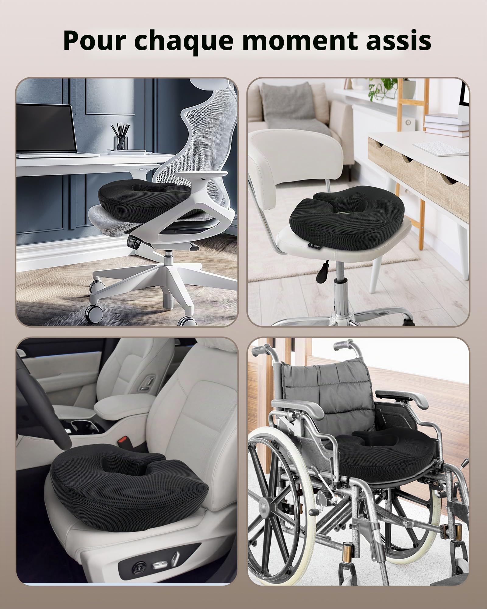 Feagar Coussin Coccyx, Coussin Chaise Bureau, Coussin Ergonomique en Mousse Mémoire pour Soulager la Pression et l’Inconfort des Hanches, du Coccyx et des Hemorroide, Siège Auto et Bureau, Réglable