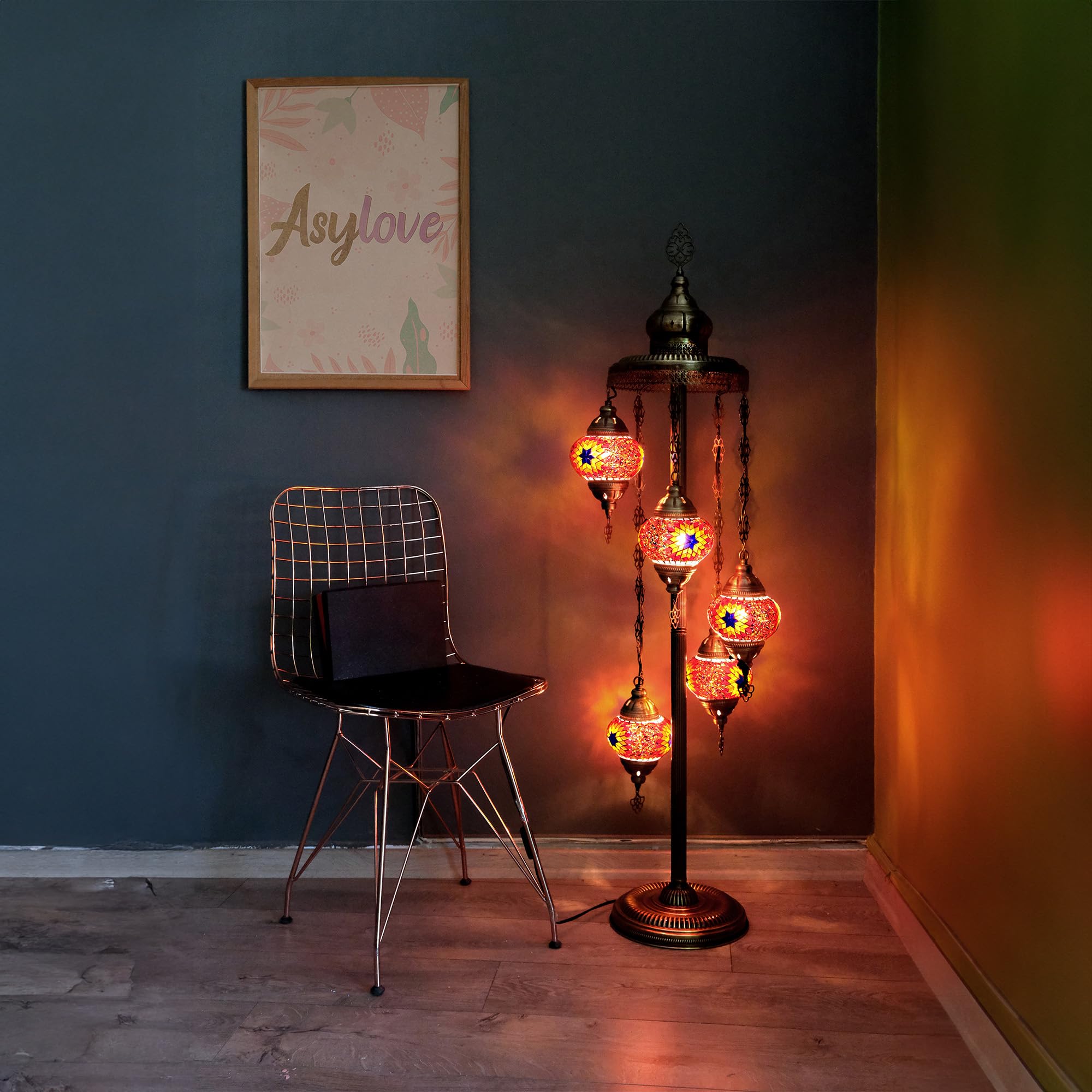 Asylove Turkish Mosaic Lamp Handmade 5 Globe Mosaic Floor Lamp Standing Lamps Floor Lamp for Decorative Lighting Home Designs Turkish Lantern Offer 5 inch Globe - Total Height 52 inch (Fire)
