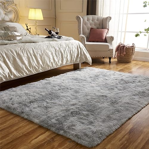 Miniatura 2 de Alfombras mullidas, de pelo largo, de 6x9pies, de teñido anudado de color gris claro, peludas y afelpadas para dormitorio, sala de estar y