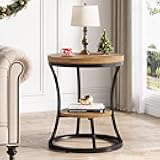 Round End Table, 2 Tier Industrial Side Table, Accent Bedside Table Nightstand with Metal Frame for Living Room, Bedroom, Small Spaces, Easy Assembly, Rustic Brown & Black