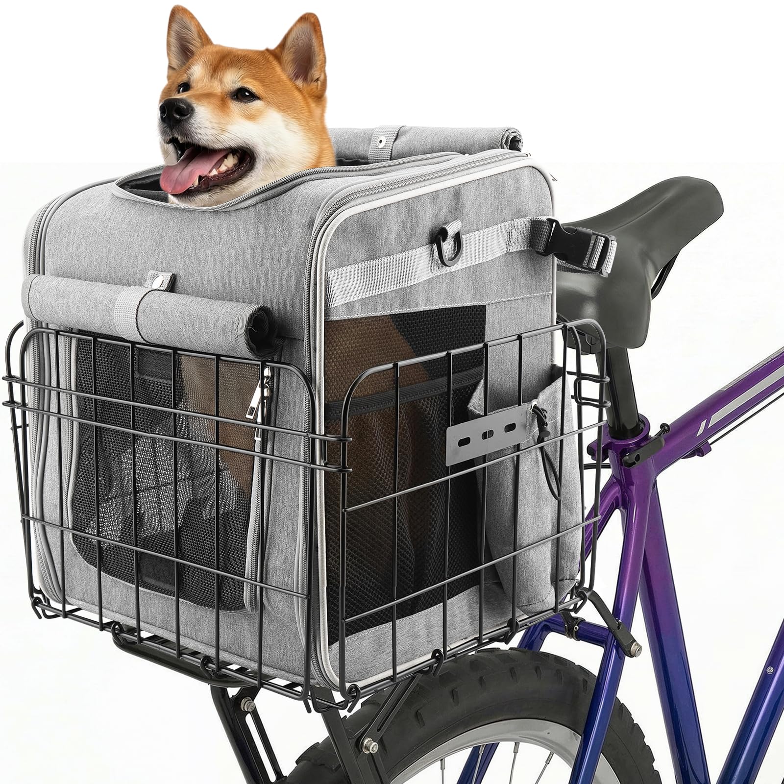 Eiito Panier de vélo pliable pour chien avec laisse de sécurité et insert rembourré, porte-animaux de compagnie pour chiens et chats de petite et moyenne taille jusqu'à 10 kg, panier de vélo arrière
