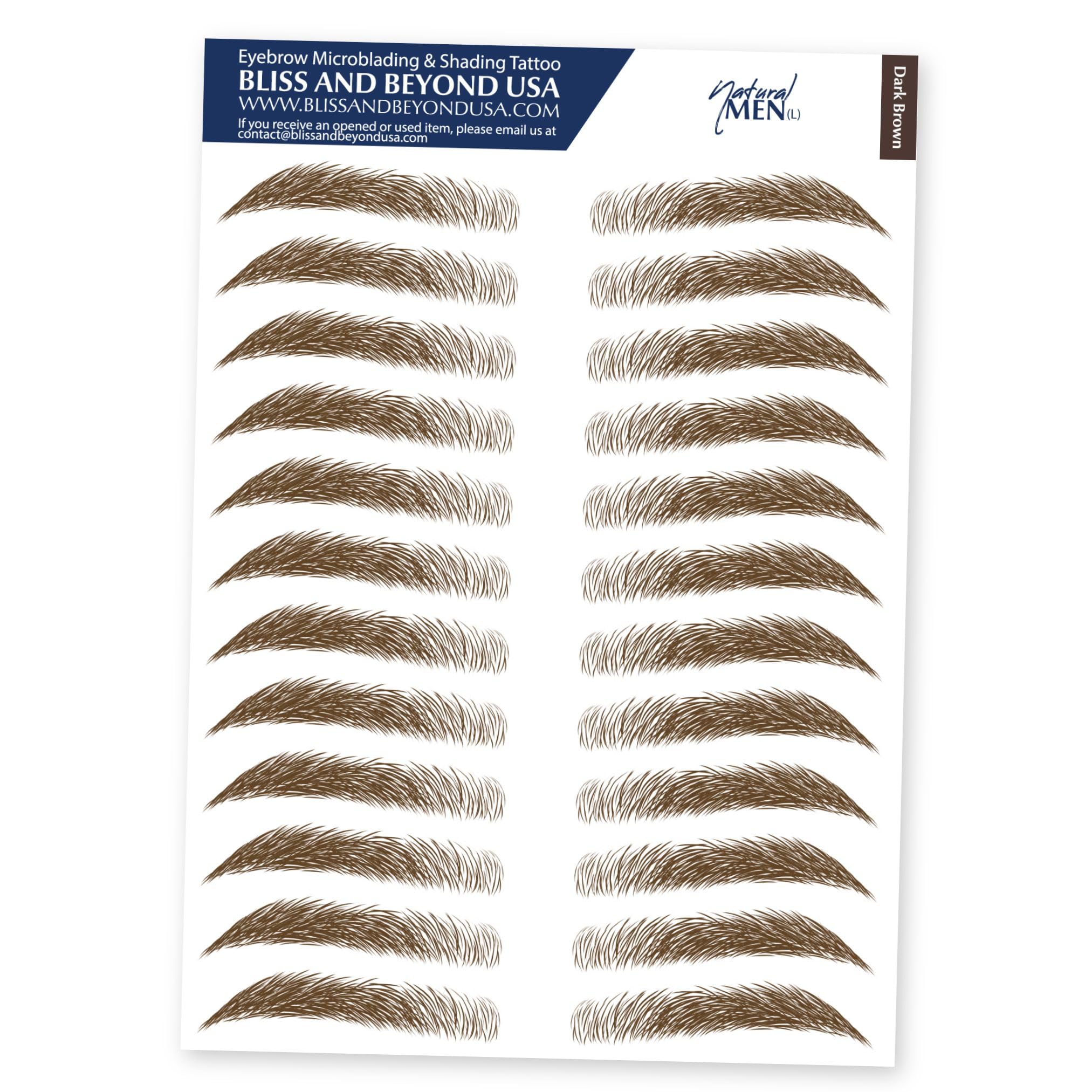 Bliss and Beyond USA | Men Waterproof Eyebrow Tattoo Stickers. A real hair stroke look. Hair replacement without surgery. Solution for hair loss. Tinted eyebrow tattoos. (MEN) (Dark Brown, Large)
