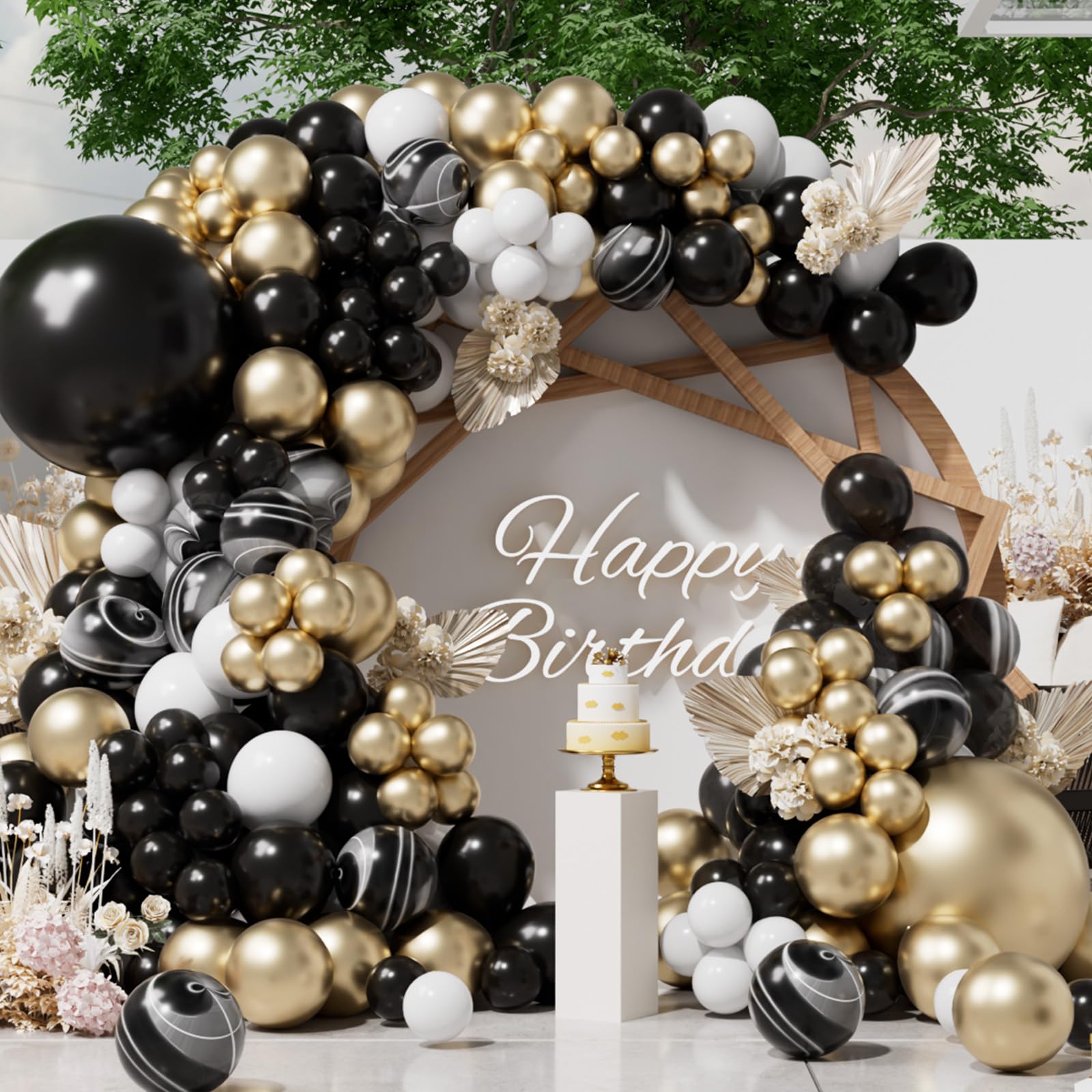 SUWEN 153Pcs Black and Gold Balloons Arch Kit Different Sizes 18 10 5 inch Marble Black White and Metallic Gold Latex Balloons for Birthday Wedding New Years Graduation Anniversary Party Decorations