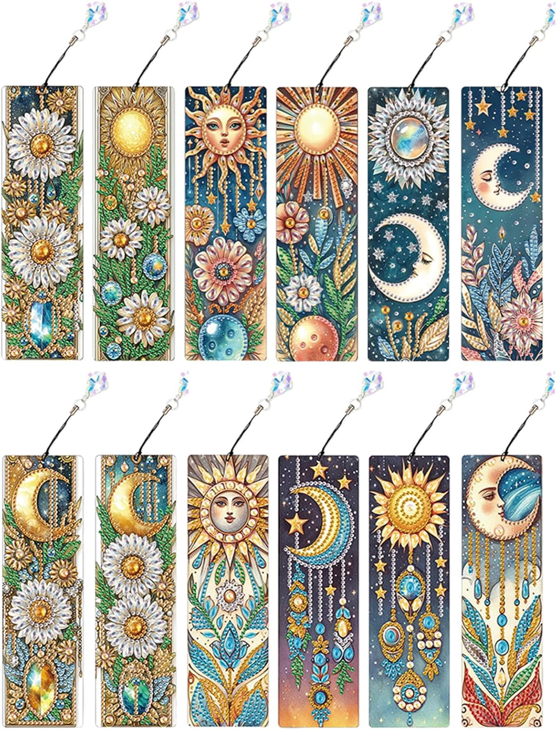 12Pcs Diamond Art Bookmarks Kits for Adults,DIY Small Diamond Painting Bookmark, 5D Diamonds Dot Craft Making for Book Lovers (Moon Flowers)